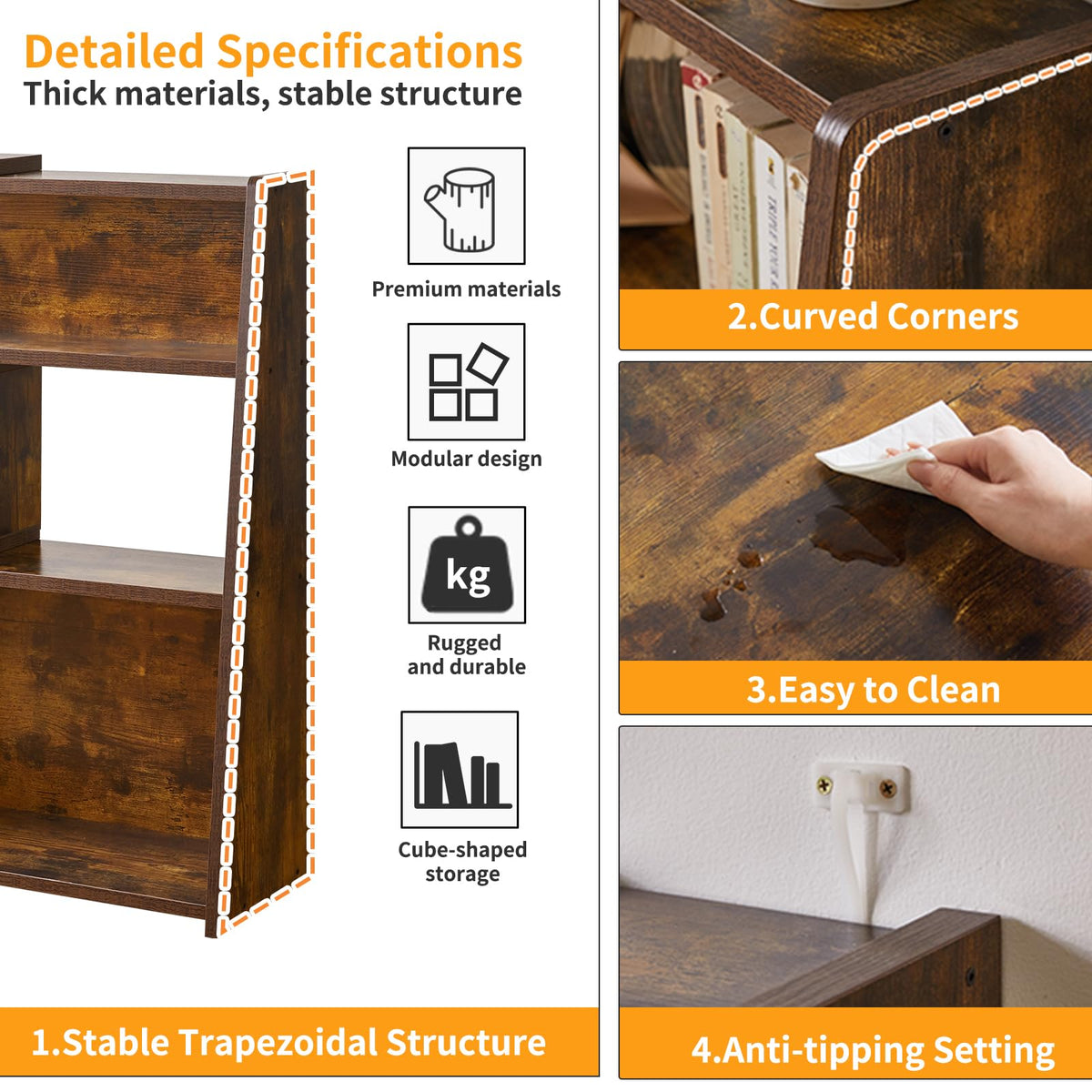 Aibiju Expandable 3-in-1 Convertible Bookcase with Adjustable Width, 4-Tier Modern Storage Organizer, Space-Saving Wooden Bookshelf Rustic Brown YD-BC005H