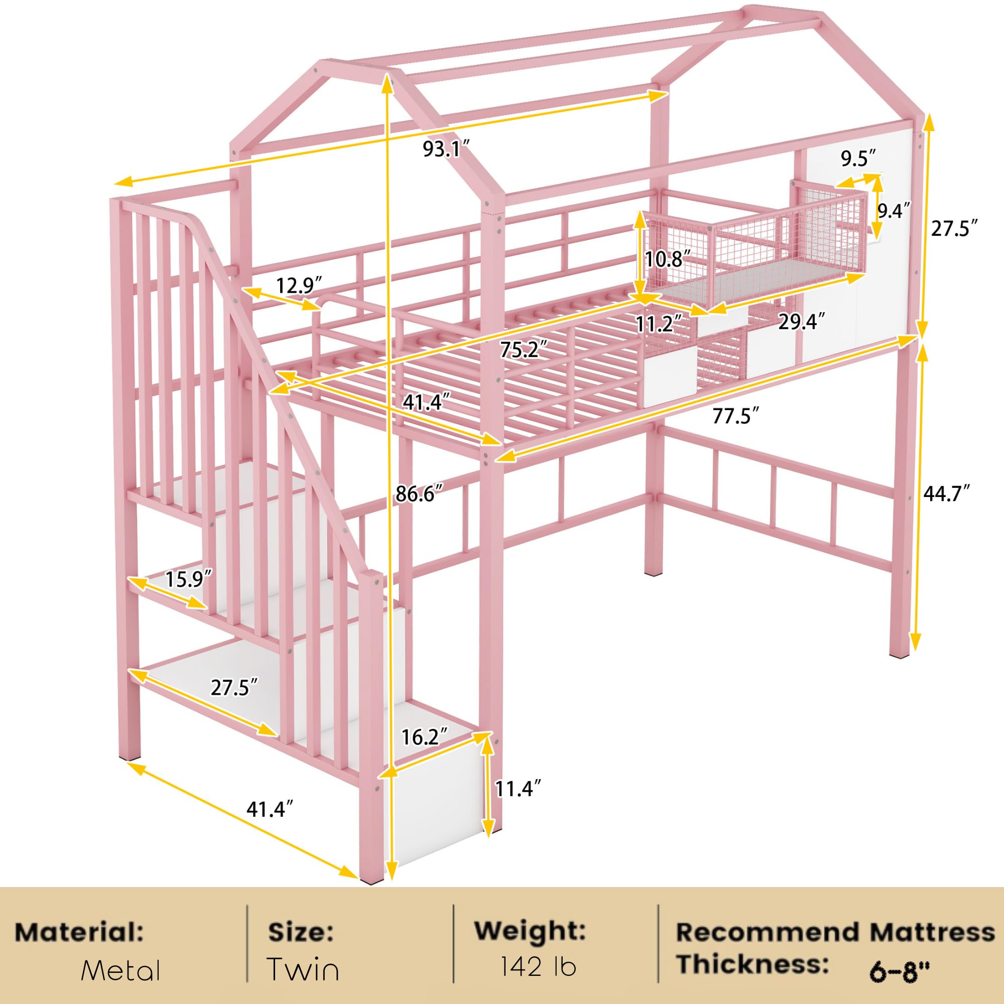 Twin Size House Loft Bed with Stairs & Storage