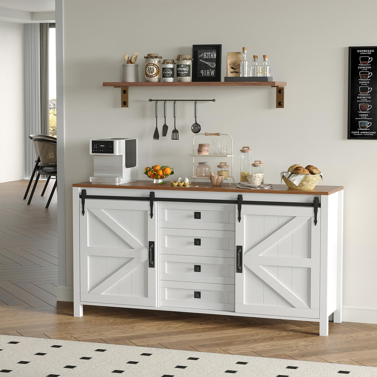 IDEALHOUSE 60" Farmhouse Sideboard Buffet with Storage Drawer & Sliding Barn Doors | Rustic Wood Coffee Bar Cabinet | Multi-Functional for Dining Room Kitchen, As TV Stand, Console Table