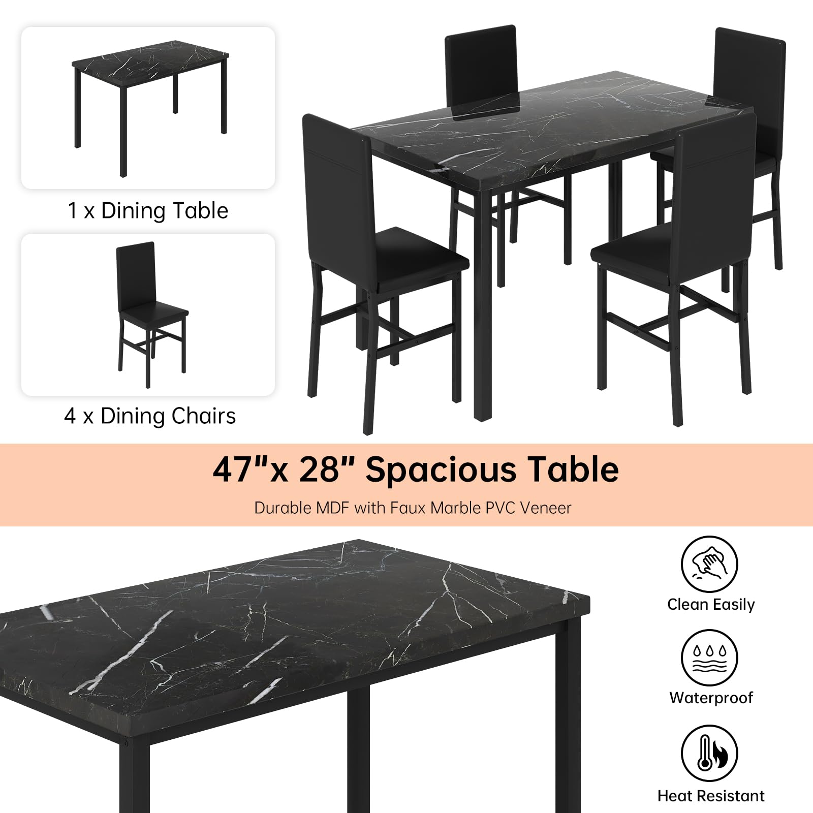 5-Piece Faux Marble Dining Table Set with PU Leather Chairs