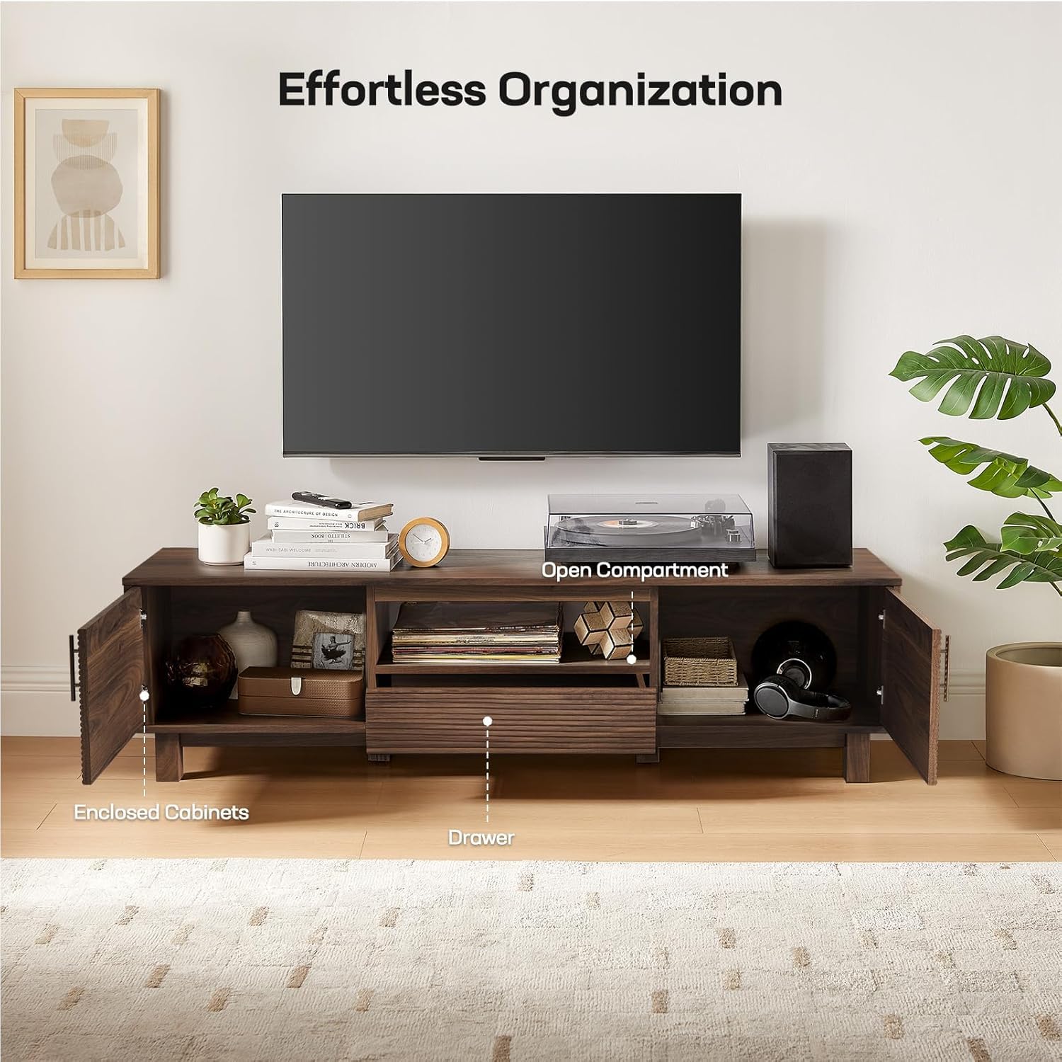 Amada 58" TV Stand for TVs up to 65 Inch, Fluted Entertainment Center with Storage Cabinets and Drawer, Mid Century Modern TV Console for Living Room & Bedroom, Walnut