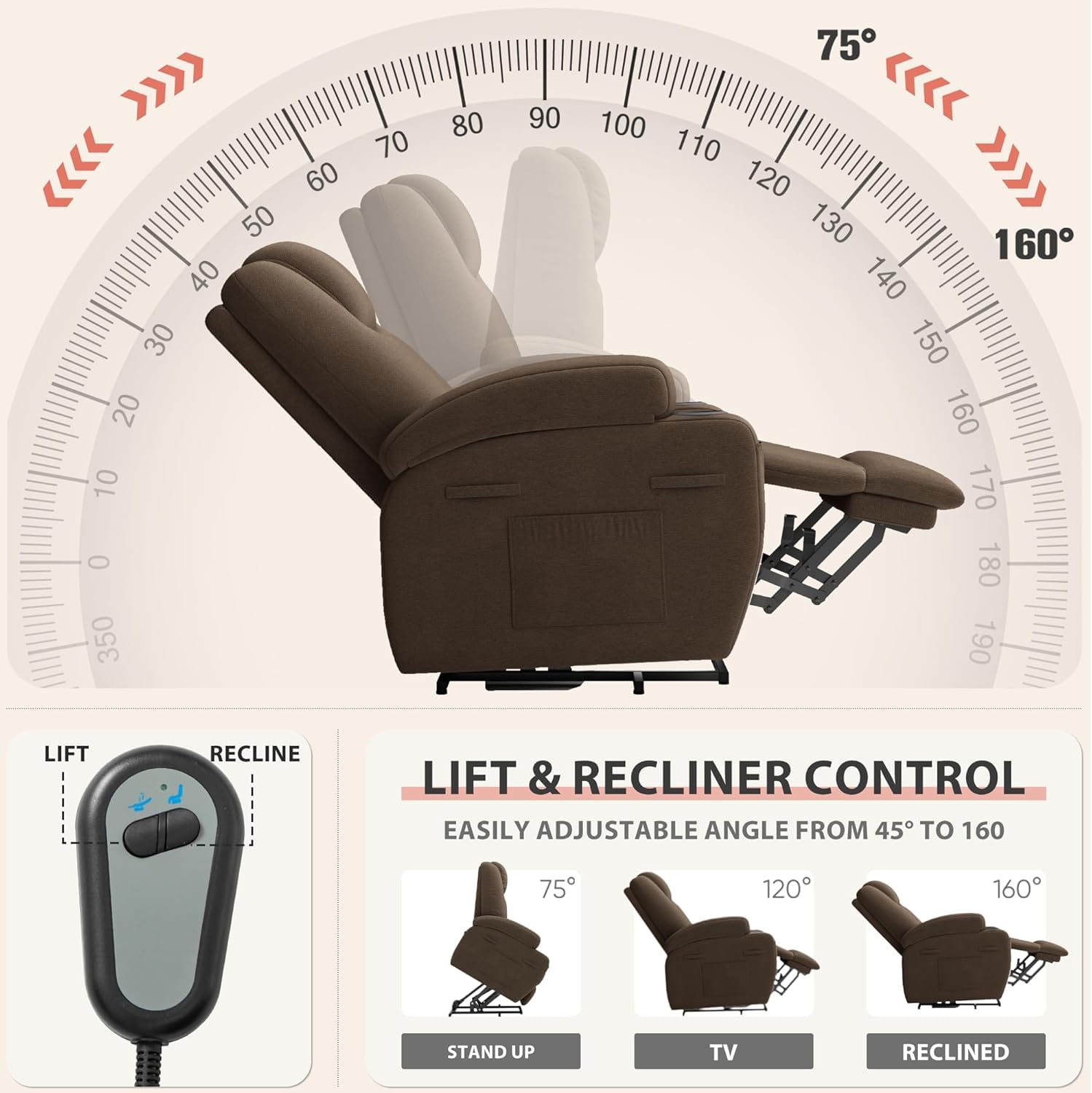 Flamaker Power Lift Recliner Chair (Fabric, Brown)