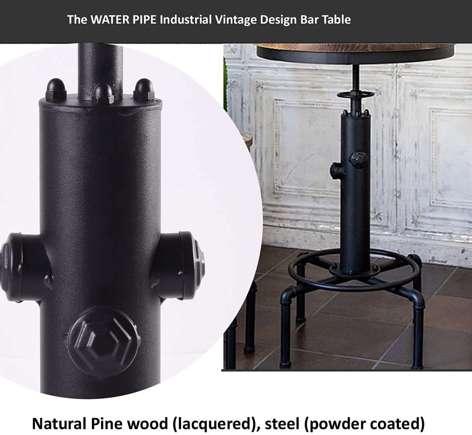 3-Piece Fire Hydrant Table & Chair Sets for Pub Bar Party Bistro Cafe Cocktail, Weld Metal Legs Round Wood Top, Rustic Brown Industrial Black Adjustable Swivel (1×32.3"-36.2" Table, 2×20"-27" Stool)