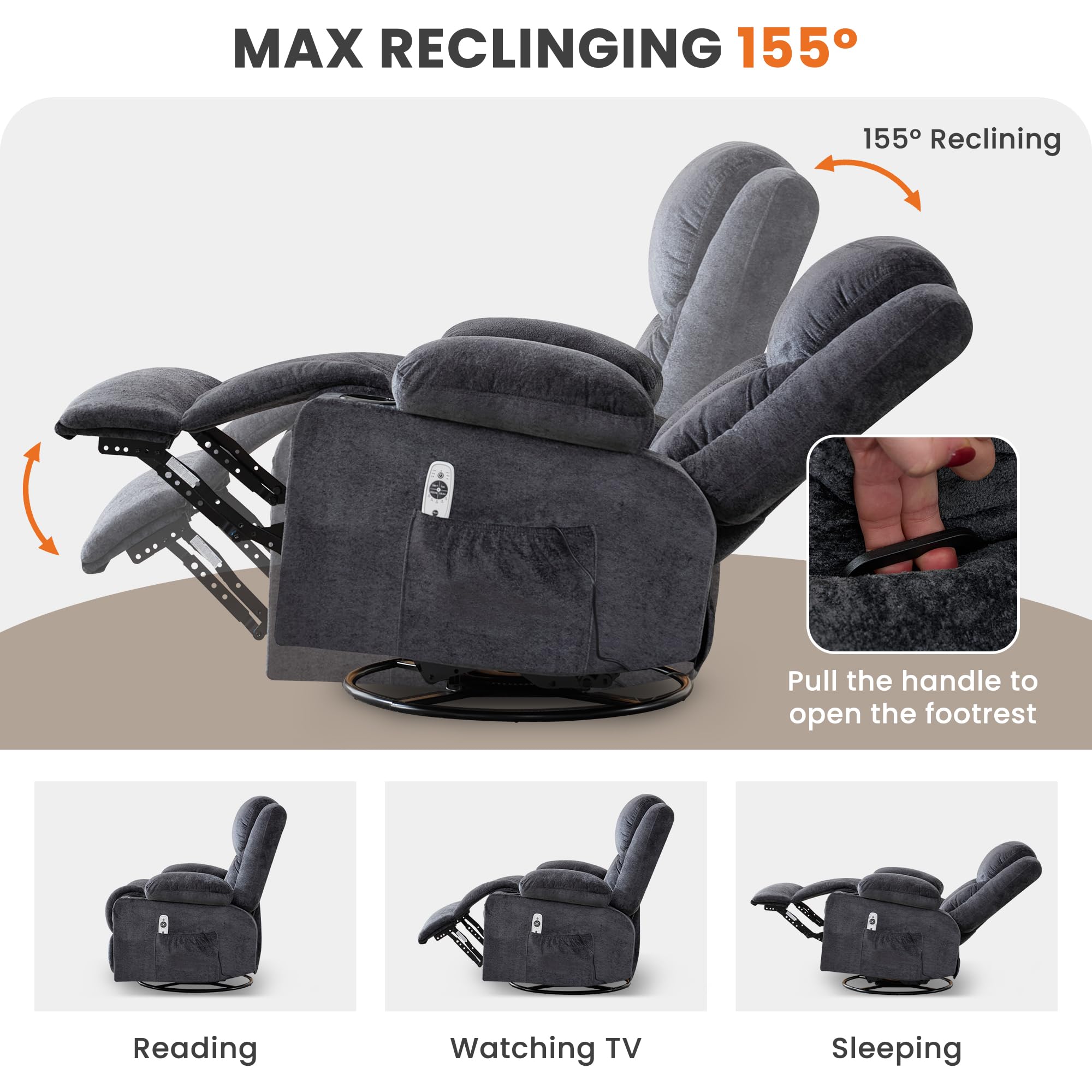 Swivel Recliner Chair for Adults,Oversized Rocker Recliner with Massage and Lumbar Heat,Rocking Chair with Side Pocket,2 Cup Holders,for Living Room