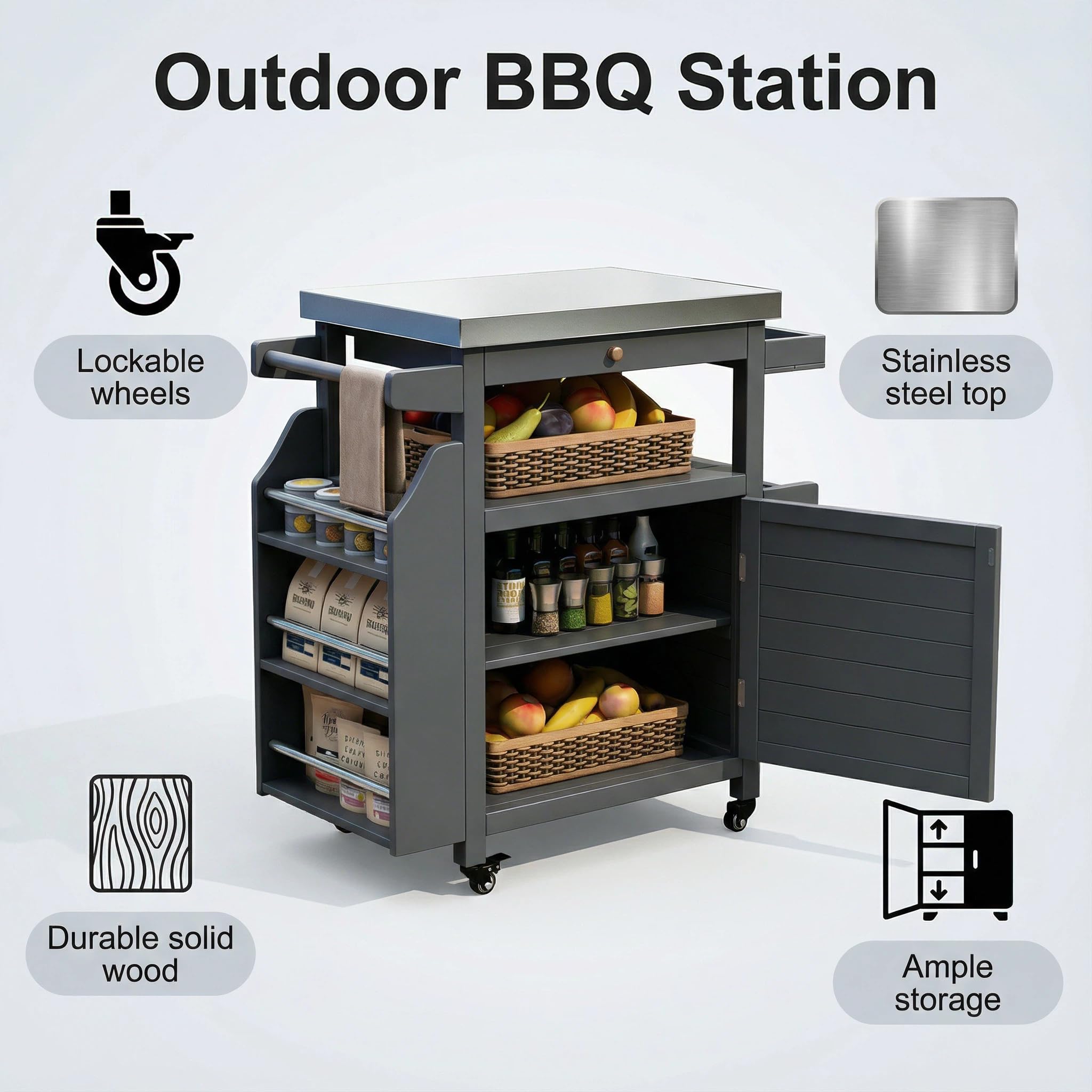 Outdoor Grill Cart with Stainless Steel Top & Storage Cabinet