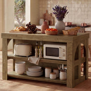 LITTLE TREE Kitchen Island with Storage, 55-Inch Large Stationary Center Island with Seating Space & 3 Shelves, Farmhouse Wooden Bar Table for Kitchen, Rustic Brown