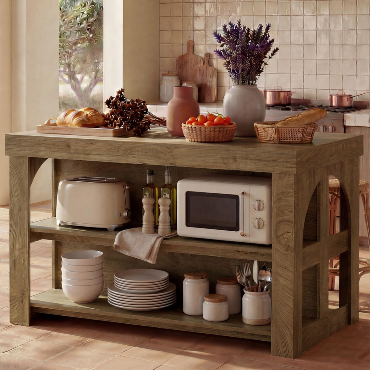 LITTLE TREE Kitchen Island with Storage, 55-Inch Large Stationary Center Island with Seating Space & 3 Shelves, Farmhouse Wooden Bar Table for Kitchen, Rustic Brown