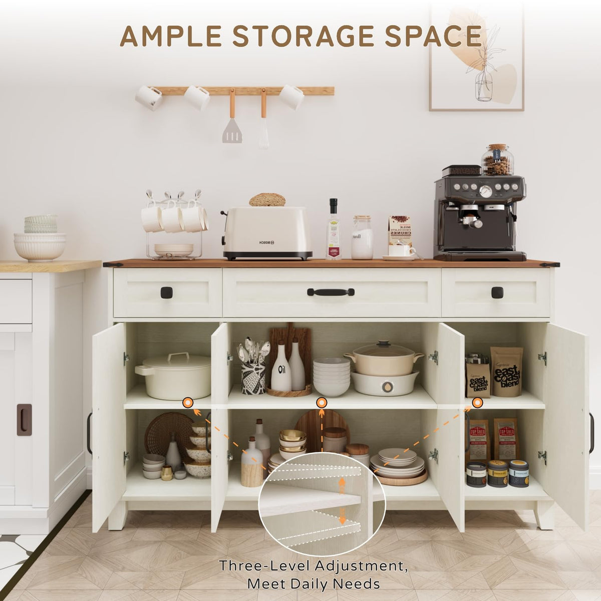 DSNAPE 55" Farmhouse Buffet Cabinet, Coffee Bar Cabinet with Drawers, White