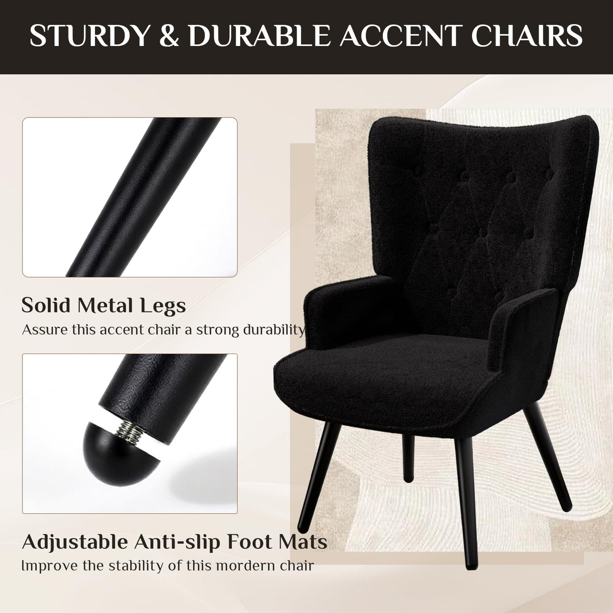 Black Teddy Wingback Chairs, Set of 2