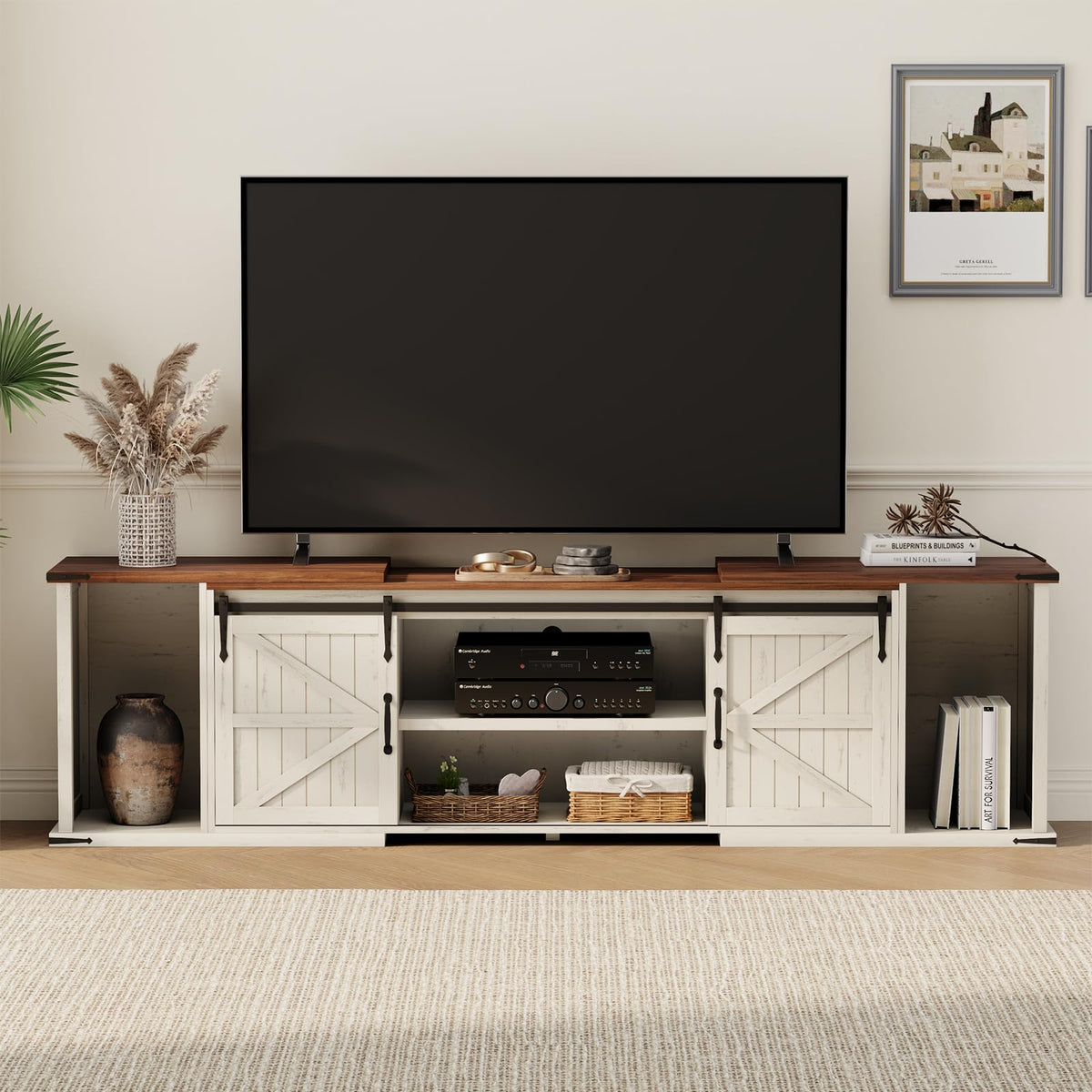ALLSTAND Extendable TV Stand, Entertainment Center for 85 95 105 Inch TV, Farmhouse TV Stand with Large Capacity Storage and Sliding Doors, Media Console for Living Room, Length 86"-113", White
