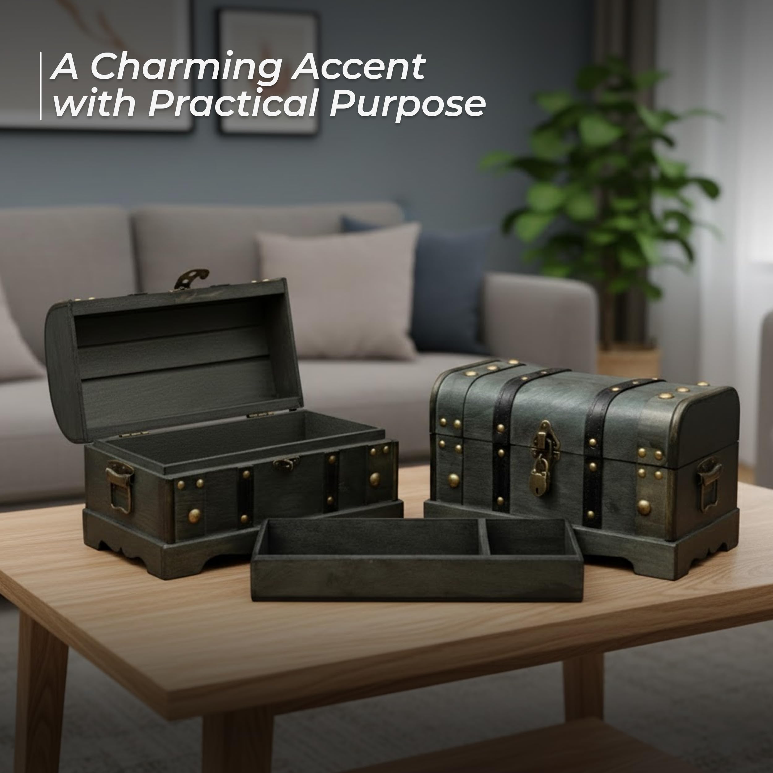 Wooden Treasure Chest Box with Removable Tray