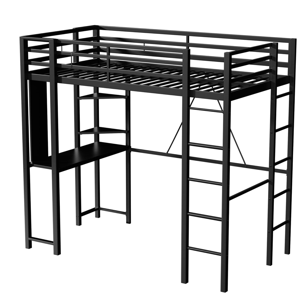 Metal Loft Bed with Desk and Shelves