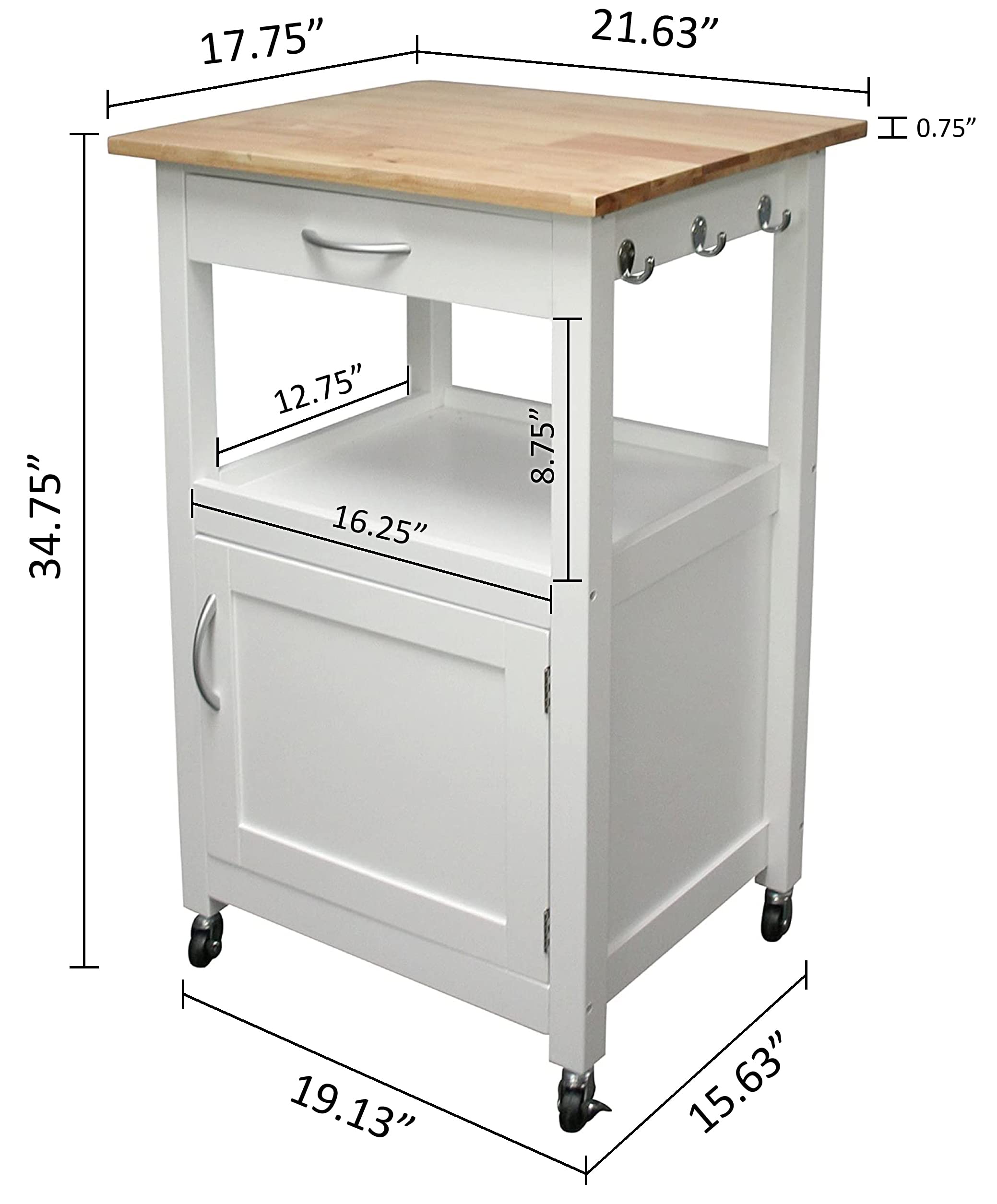 eHemco Kitchen Island Cart on Wheels with Drawer, Storage Cabinet, Shelf and Natural Solid Hardwood Top, White Base