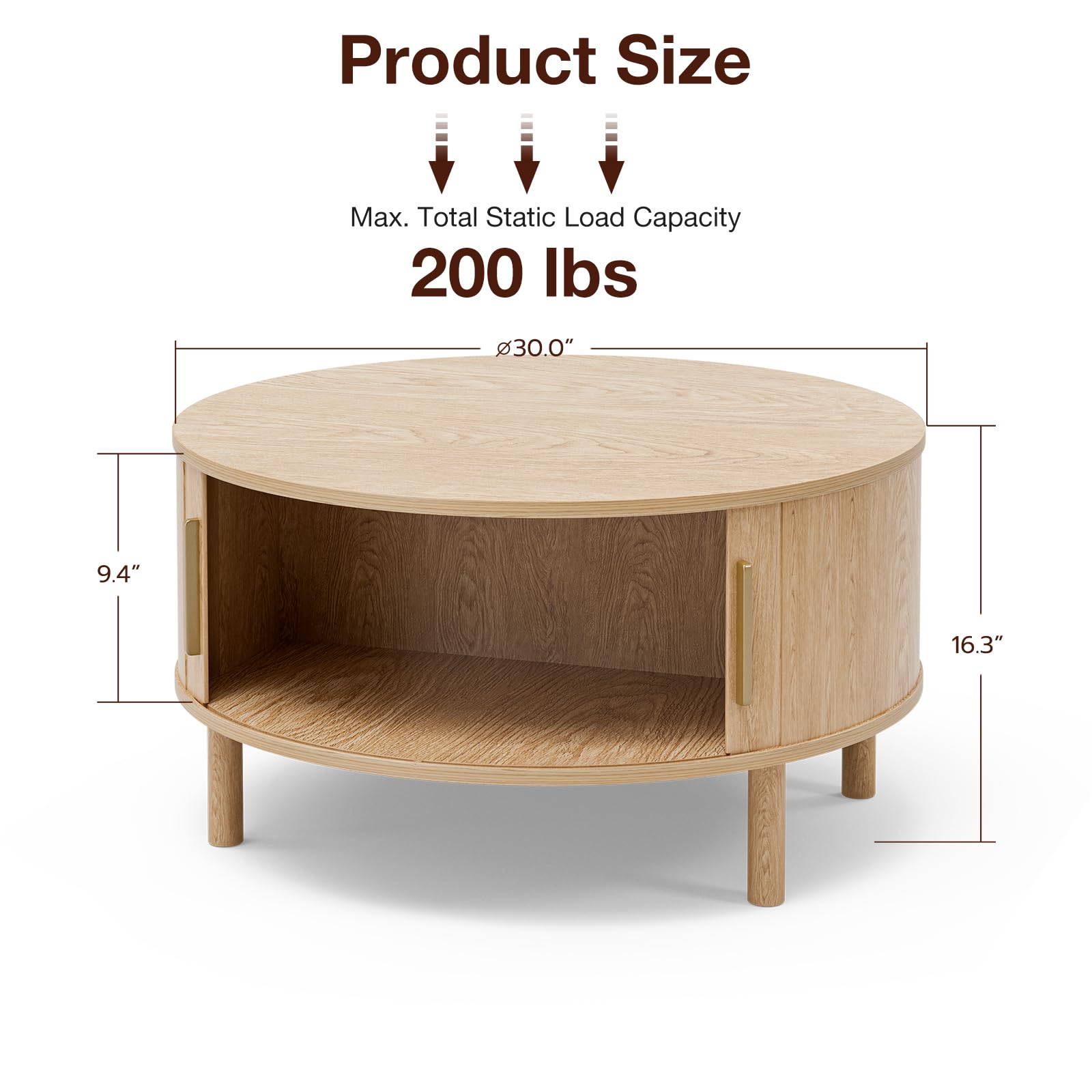 ZttRiee Coffee Table for Living Room, Modern Round Coffee Table with Cabinets & Sliding Doors, Home Small Space, 29.9" Fluted Center Table, Natual