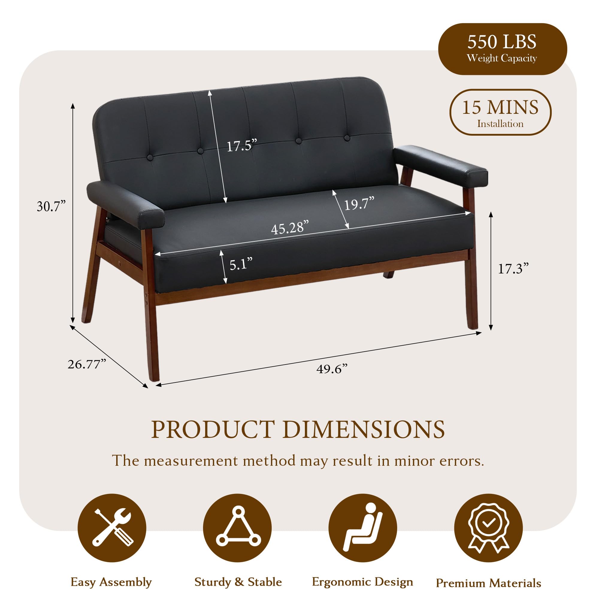 STHOUYN 50”W Black Faux Leather Small Office Couch Loveseat Sofa with Wood Arms, Mid Century Modern Love Seat Sofas Lounge Armchair Living Room Bedroom (Black (loveseat))