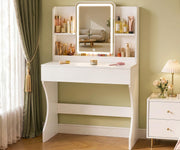 White Small Vanity Desk With Mirror and Lights, 3 Light Modes & Dimmable