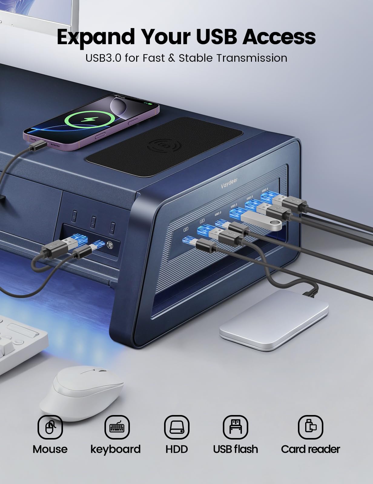 Dual Monitor Stand Riser with Drawers, USB Ports & Wireless Charging