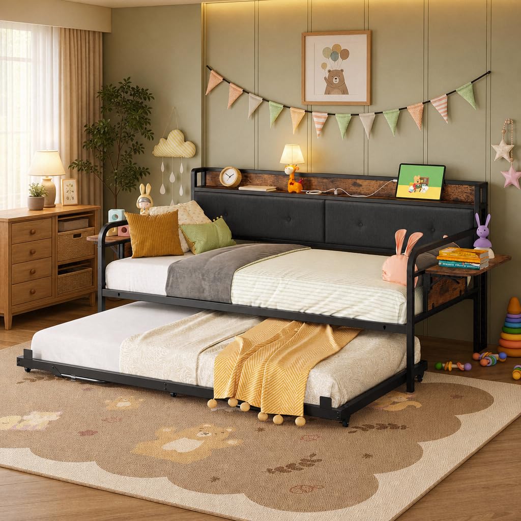 LIKIMIO Twin Daybed with Trundle, Day Bed with Charging Station
