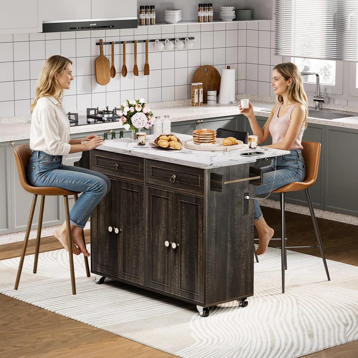 Zephome Farmhouse Kitchen Island with Power Outlet and Drop Leaf, Rolling Kitchen Cart on Wheels with Storage Cabinets & Drawers, Portable Wooden Microwave Stand Spice Rack for Small Spaces