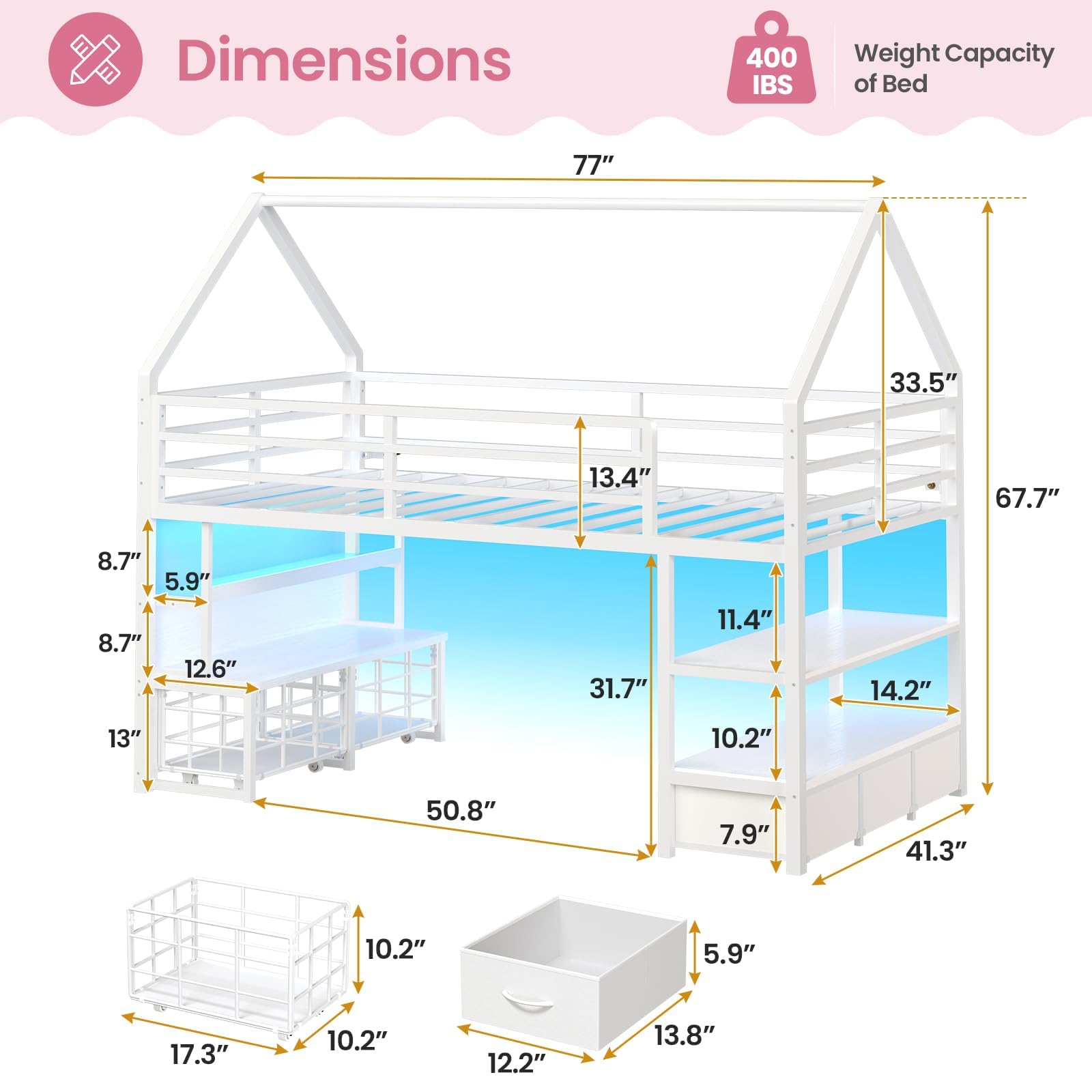 ADORNEVE Low Loft Bed Twin Size with 5 Storage Drawers, Twin Loft Bed with Bookcase & LED Lights, Open Storage Shelves, Metal House Bed with Safety Guardrail & Under-Bed Play Space for Kids, White