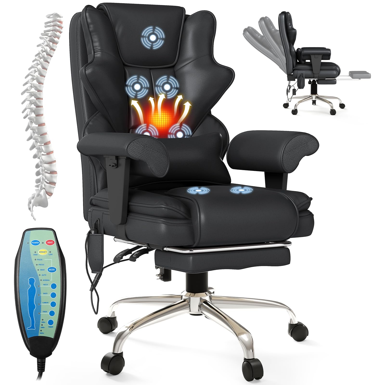 Mvpipi 7-Point Massage Office Chair,Heated Desk Manageral Chair,Ergonomic Executive Chair with Footrest,Adjustable Armrest，Computer Chair for Offices, Study Areas, Gaming Spaces,Black