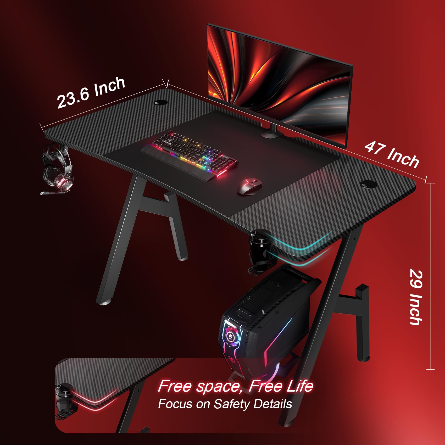 HLDIRECT 47 Inch Gaming Desk, Large Computer Gaming Desk Table with Cable Management, Ergonomic Carbon Fiber Gamer Table Pc Work Home Office Desks with Cup Holder & Headphone Hook & Mouse Pad, Black