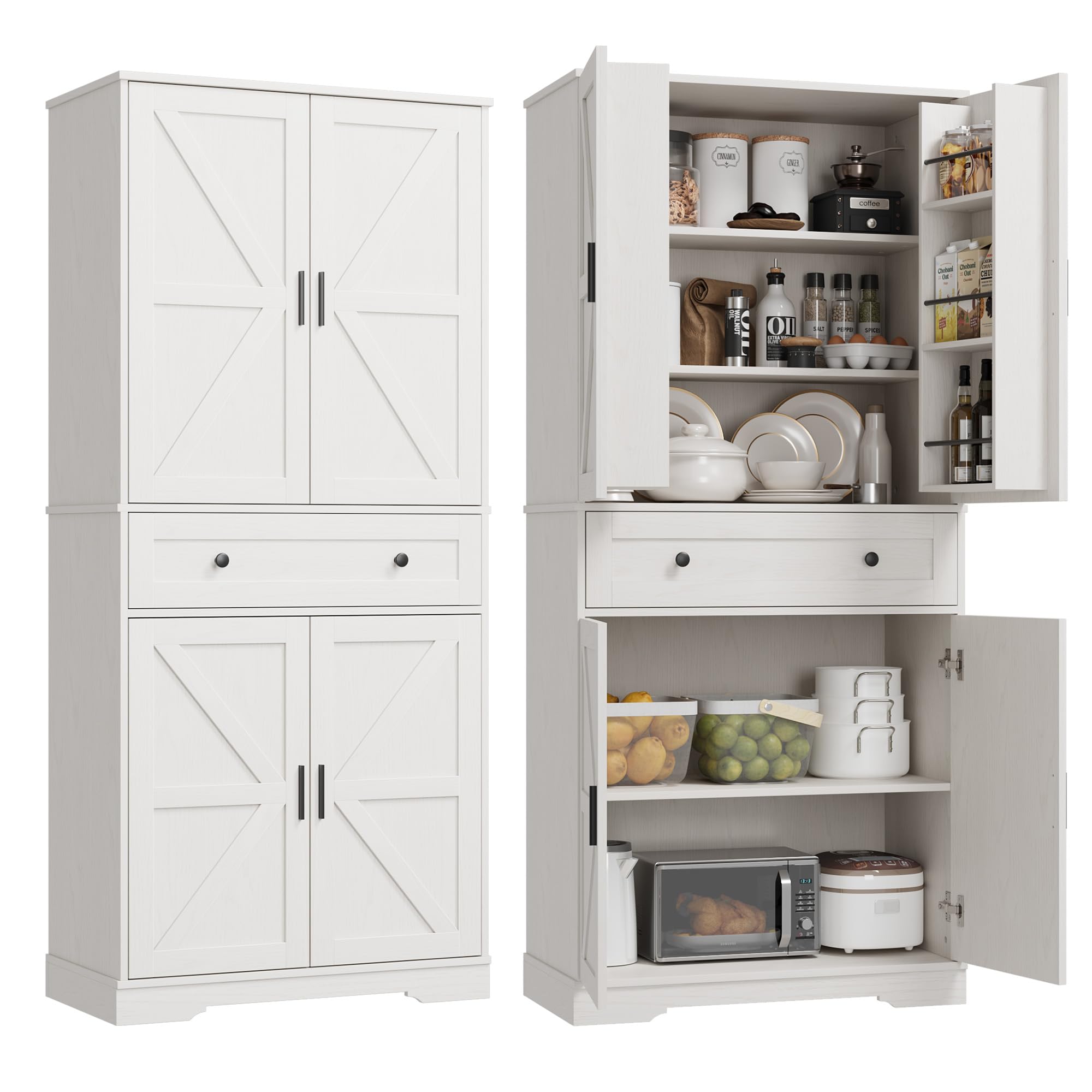 Garvee 71" Kitchen Pantry Cabinet, Barn Door Freestanding Cupboard with Drawer, Sliding Storage Rack, and 6 Hanging Shelves for Kitchen, Dining Room, Living Room Bedroom