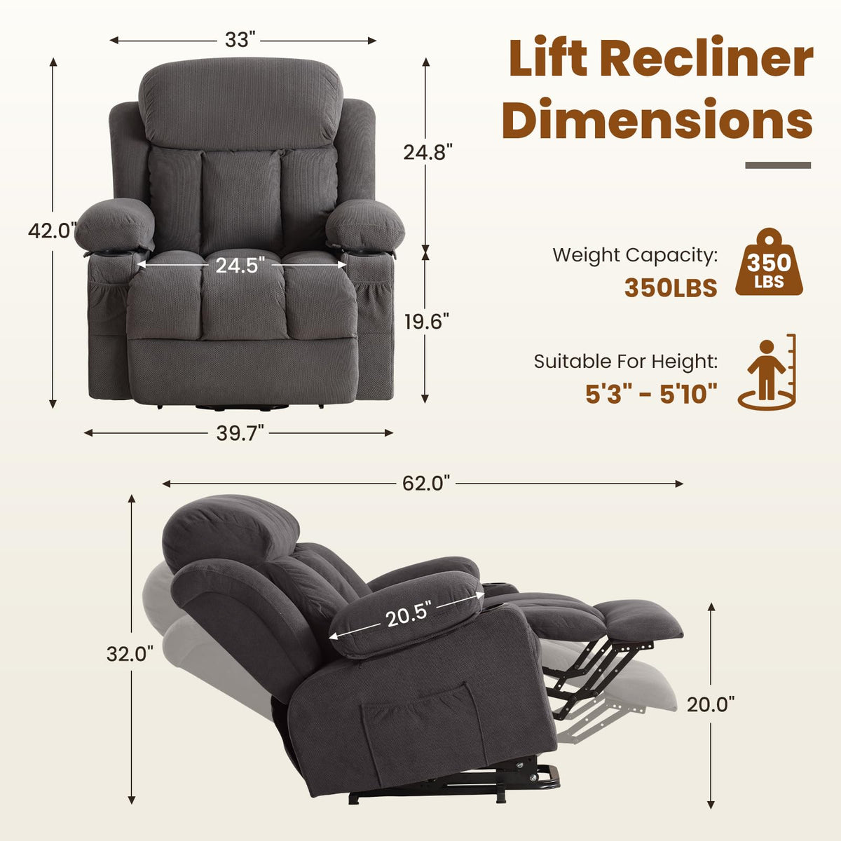 Gray Power Lift Recliner with Massage and Heat
