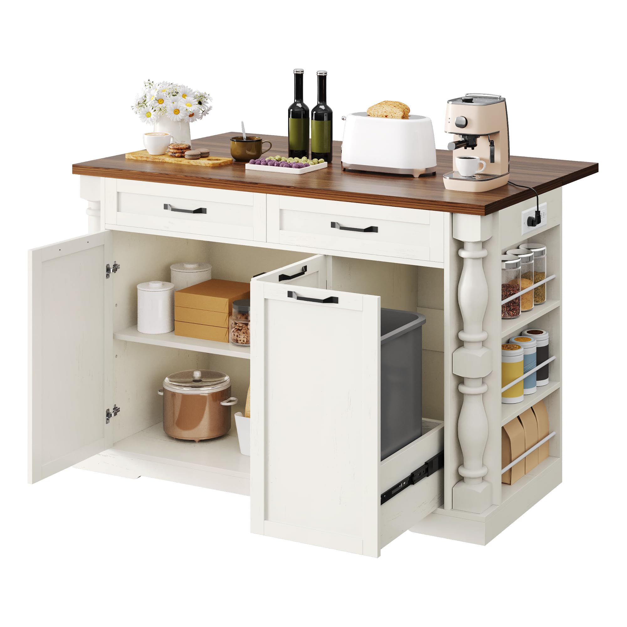 Homiflex Kitchen Island with Power Outlet & Trash Cabinet, 47.6" Roman Style Rolling Kitchen Island with Drop Leaf Tabletop 11.8", Kitchen Cart with Spice Rack & Drawers & Cabinets Coffee Bar Station