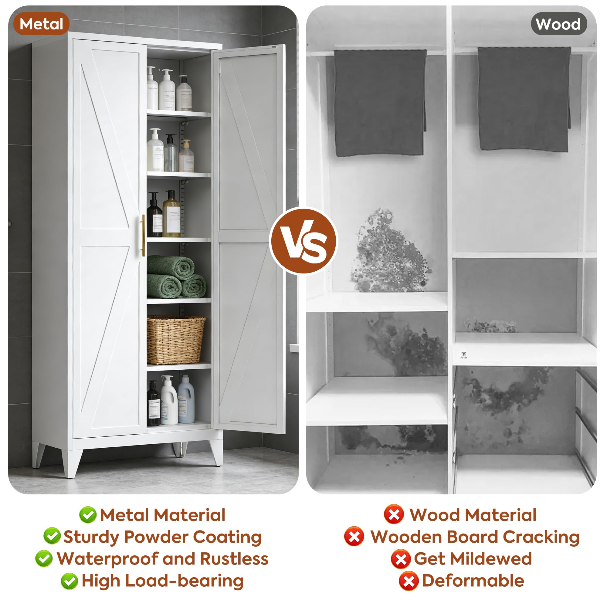 GangMei 75.3 in Metal Kitchen Pantry Cabinet, White, 5 Adjustable Shelves