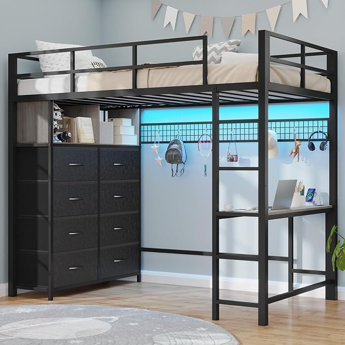 Twin Loft Bed with Desk, 8 Storage Drawers & LED Lights