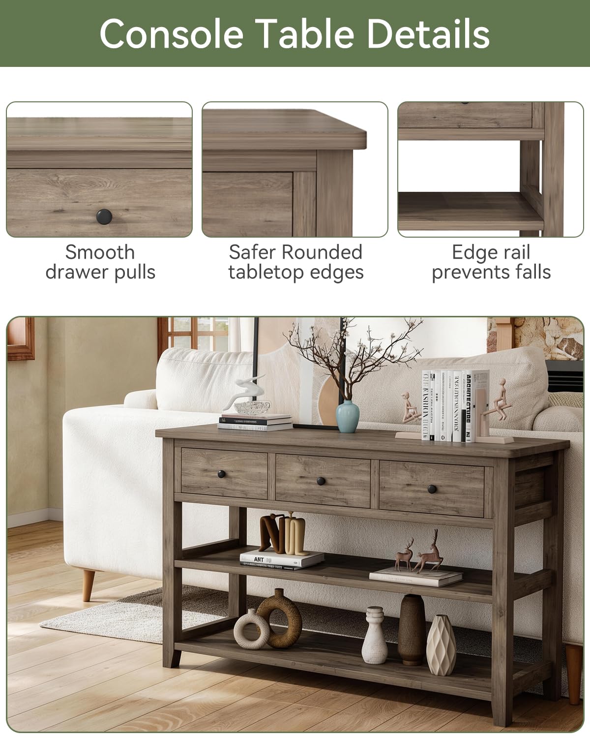 Console Table with 3 Drawers & 2-Tier Shelves
