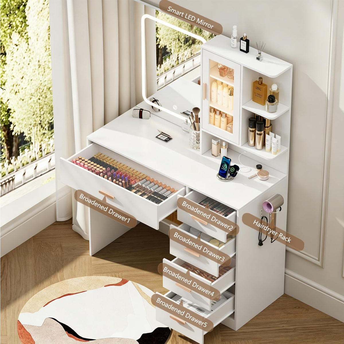 BZK Vanity Desk with LED Lights Mirror, White Makeup Vanity Set with 5 Drawers, Tempered Cabinet, Charging Station, Hair Dryer Rack & Cushion Stool, Dressing Table - Modern Bedroom Furniture