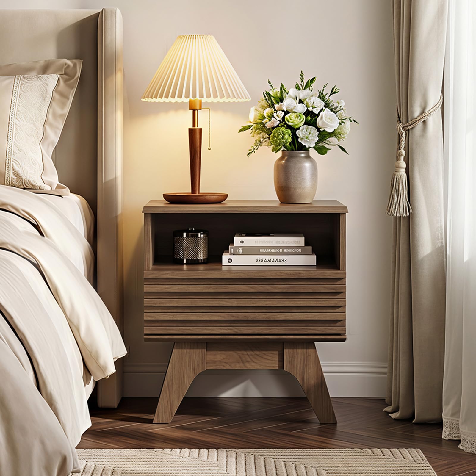 Fluted Nightstand with Drawer & Open Shelf | Mid-Century Modern