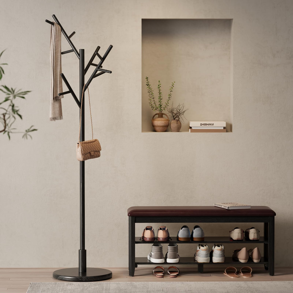 Muwuele Coat Rack, Solid Wood Coat Rack Freestanding with 12 Hooks, Coat tree freestanding 3 Adjustable Heights for coat, Hats, Handbags， Coat Stand for Entryway, Bedroom (Black)