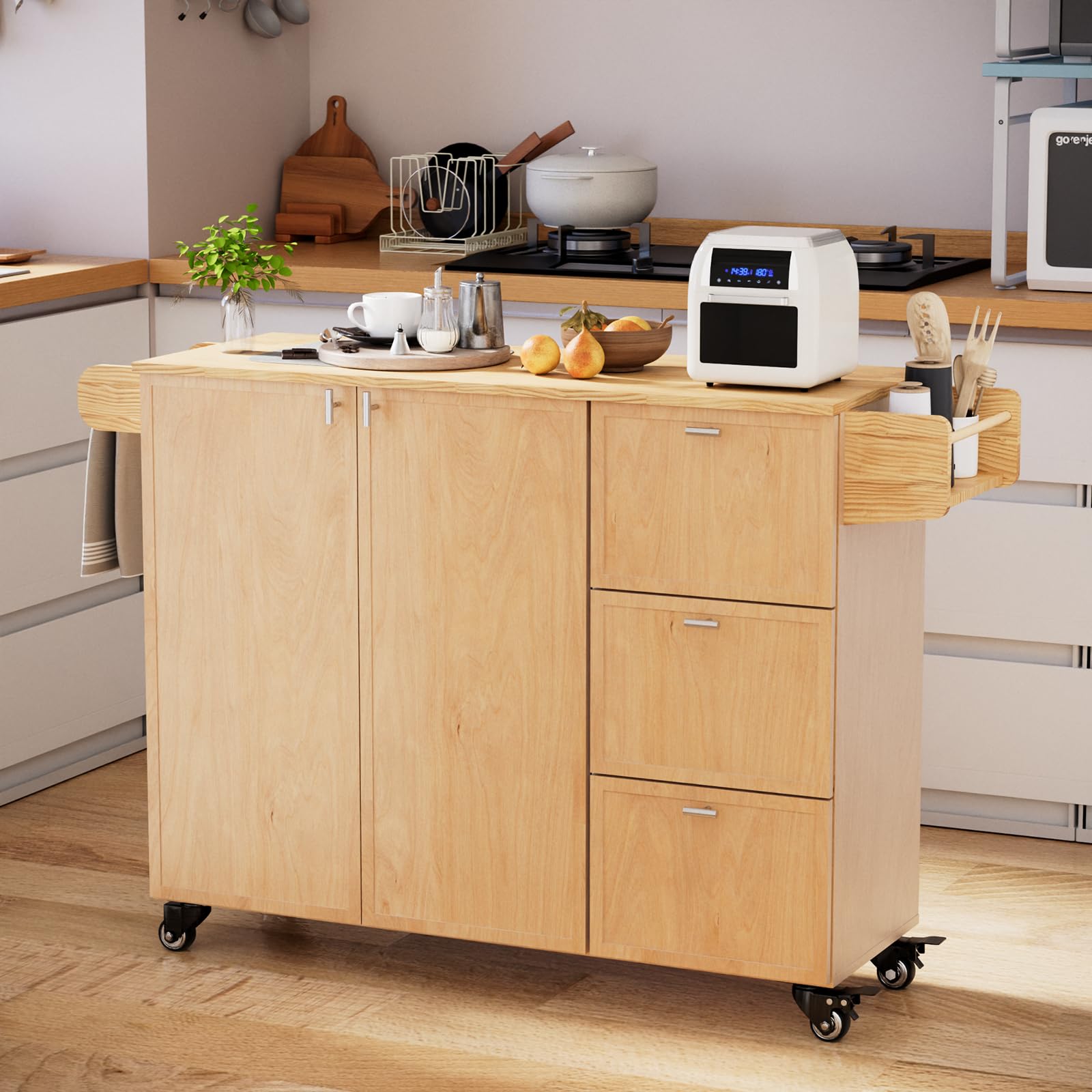 Kitchen Island with Storage, Rolling Kitchen Island on Wheels with Drawers and Doors, Mobile Kitchen Island with Towel Rack and Spice Rack, Wood Top Kitchen Cart with Power Outlet for Kitchen (Oak)