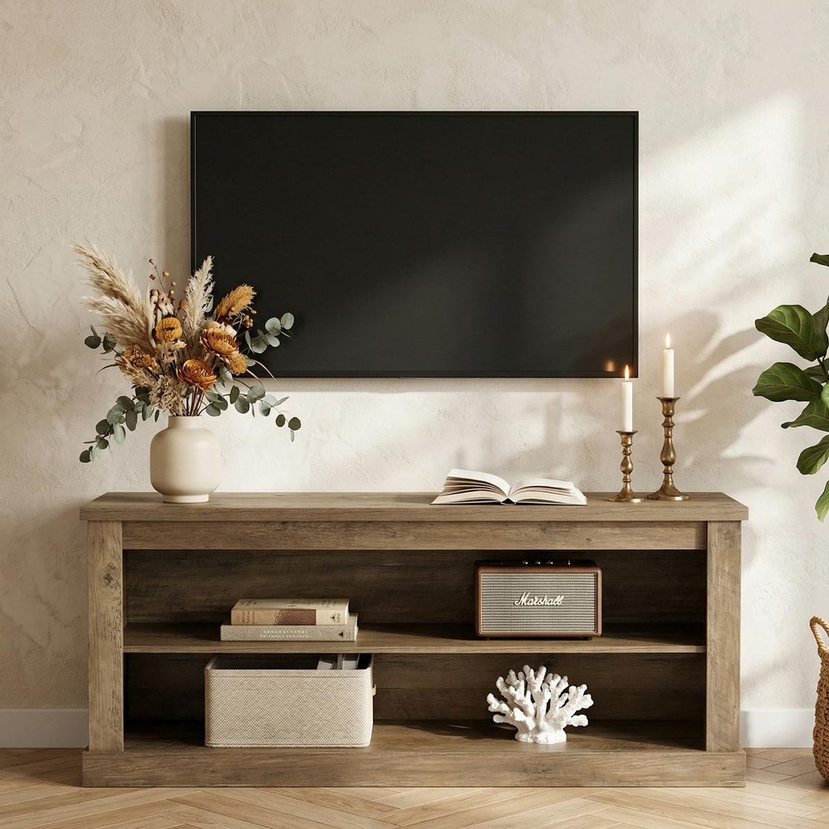 Farmhouse TV Stand with Open Shelves