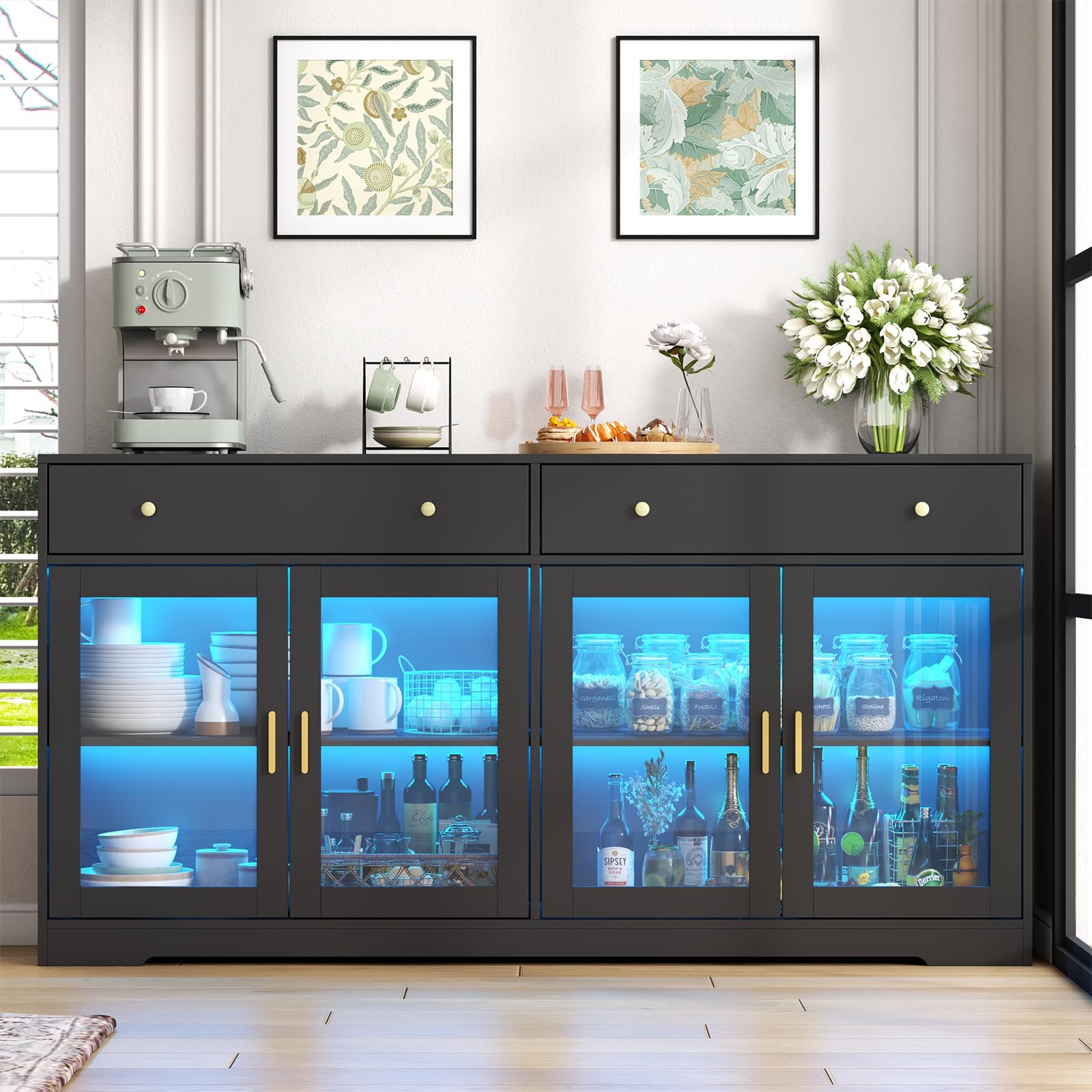 Sideboard Buffet Cabinet with LED Lights – Black