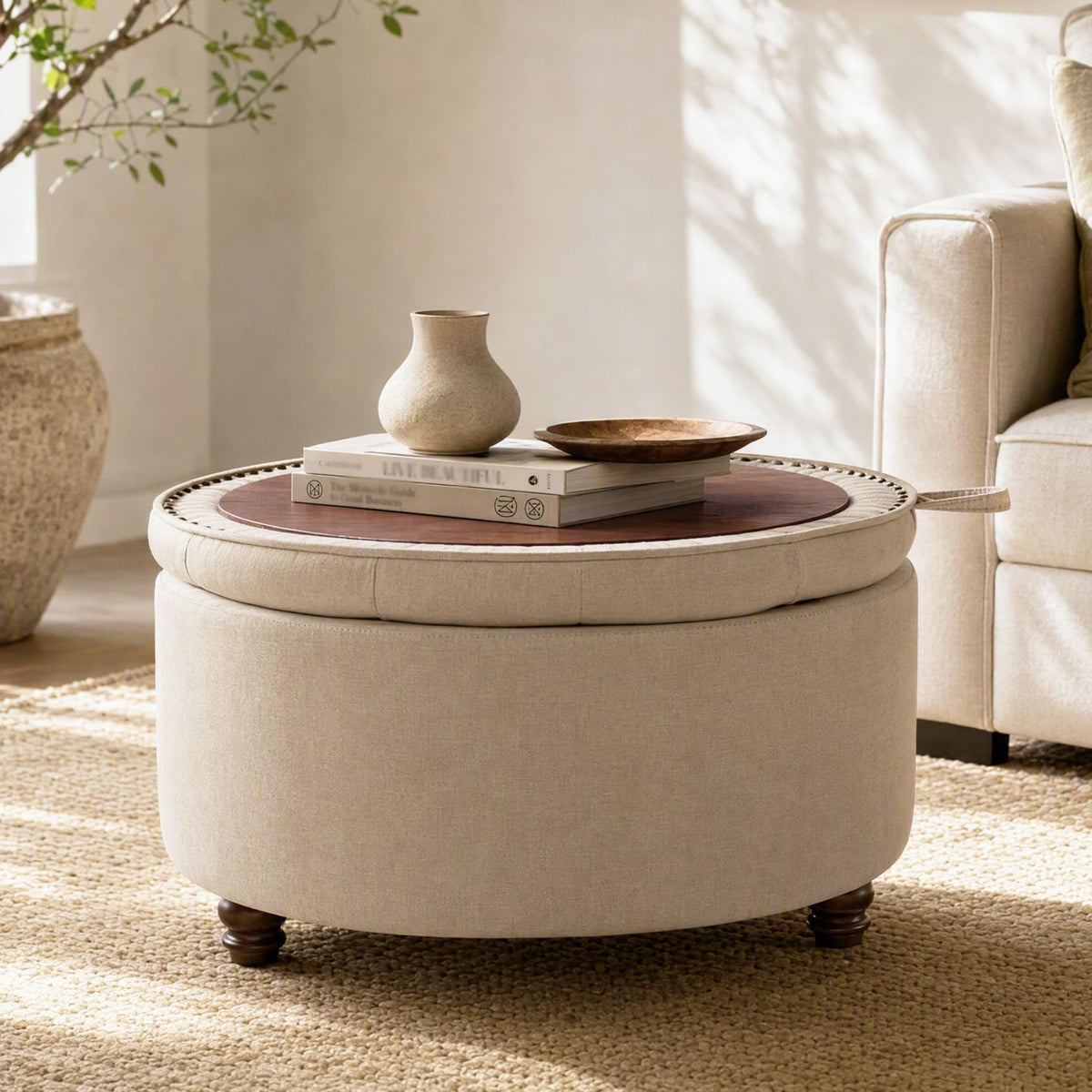 Round Chenille Storage Ottoman
