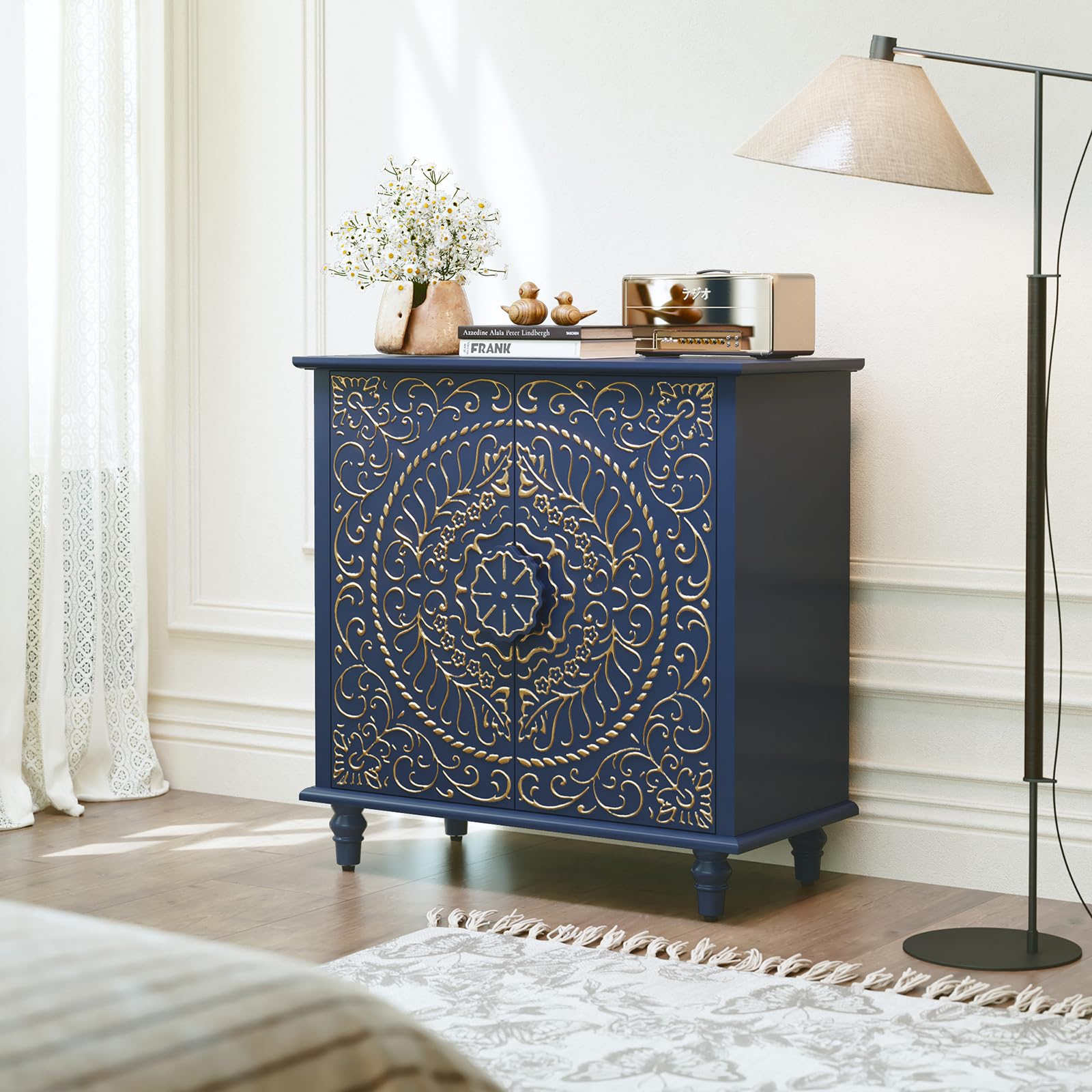 Accent Cabinet with Carved Flower Pattern Doors