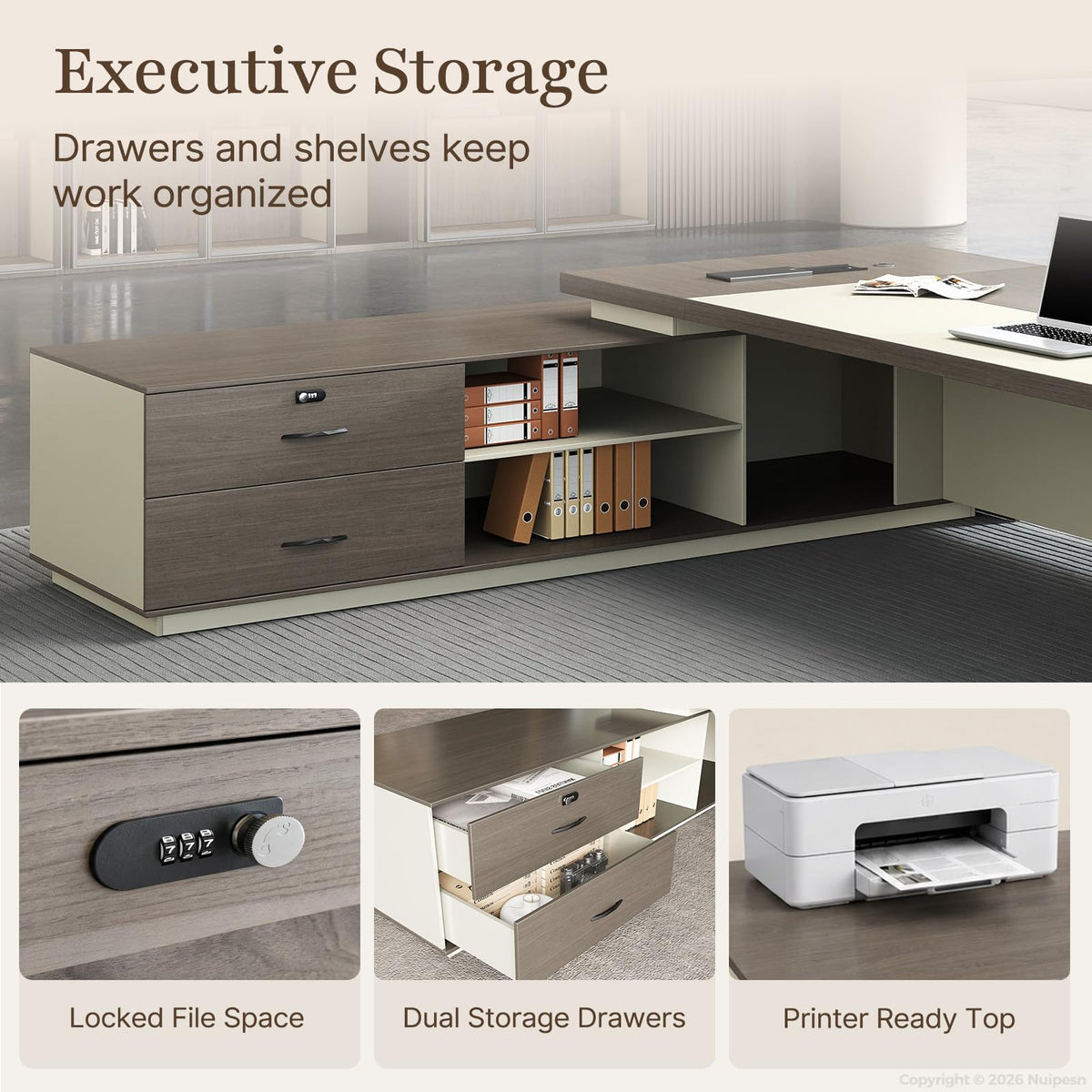 L-Shaped Executive Desk with LED and Power Outlets