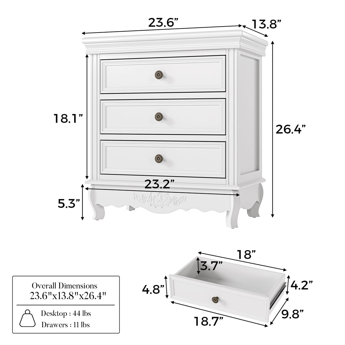 Homsee Nightstand Set of 2, Pre-Assembled Bedside Table, 23.6" W, White