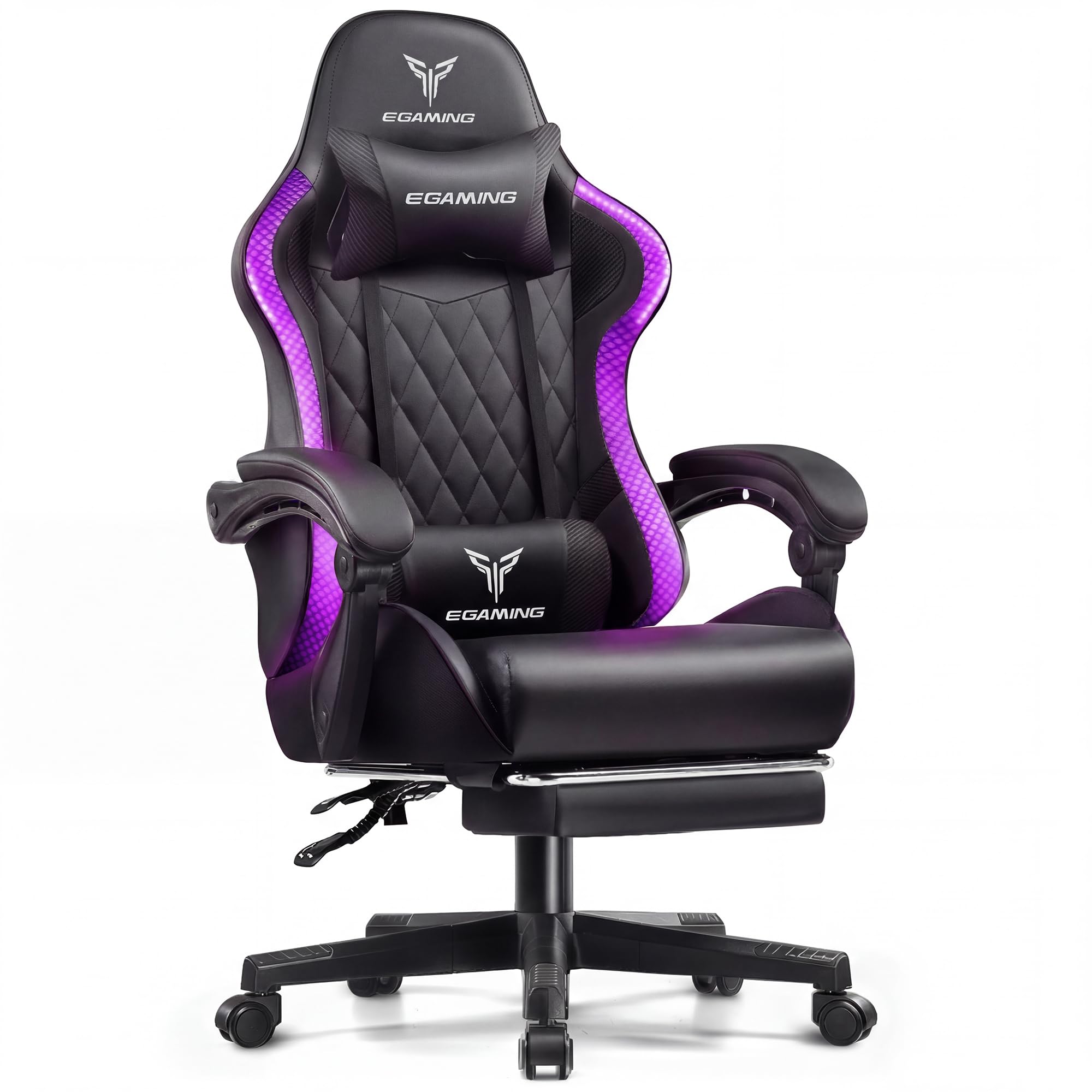 EXRACING Gaming Chair with Footrest Ergonomic High-Back PU Leather Computer Chair with RGB LED Lights Linkage Armrests Lumbar Support and Headrest 150°Reclining Diamond Quilted Office Chair for Adults