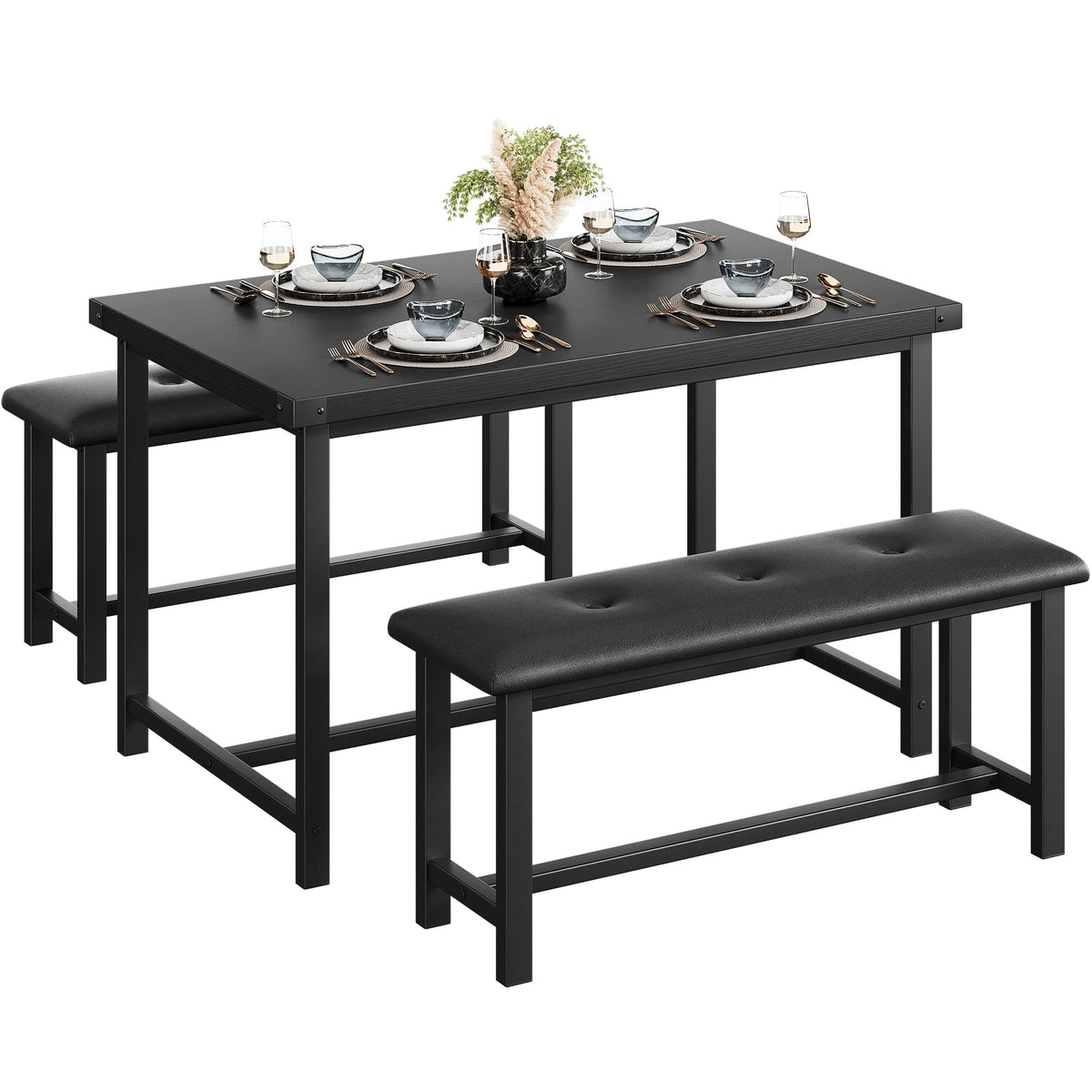 GAOMON Dining Table Set for 4, Kitchen Table with Benches, Rectangular Dining Room Table Set with 2 Upholstered Benches, 3 Piece Kitchen Table Set for Small Space, Apartment, Studio, Retro Black