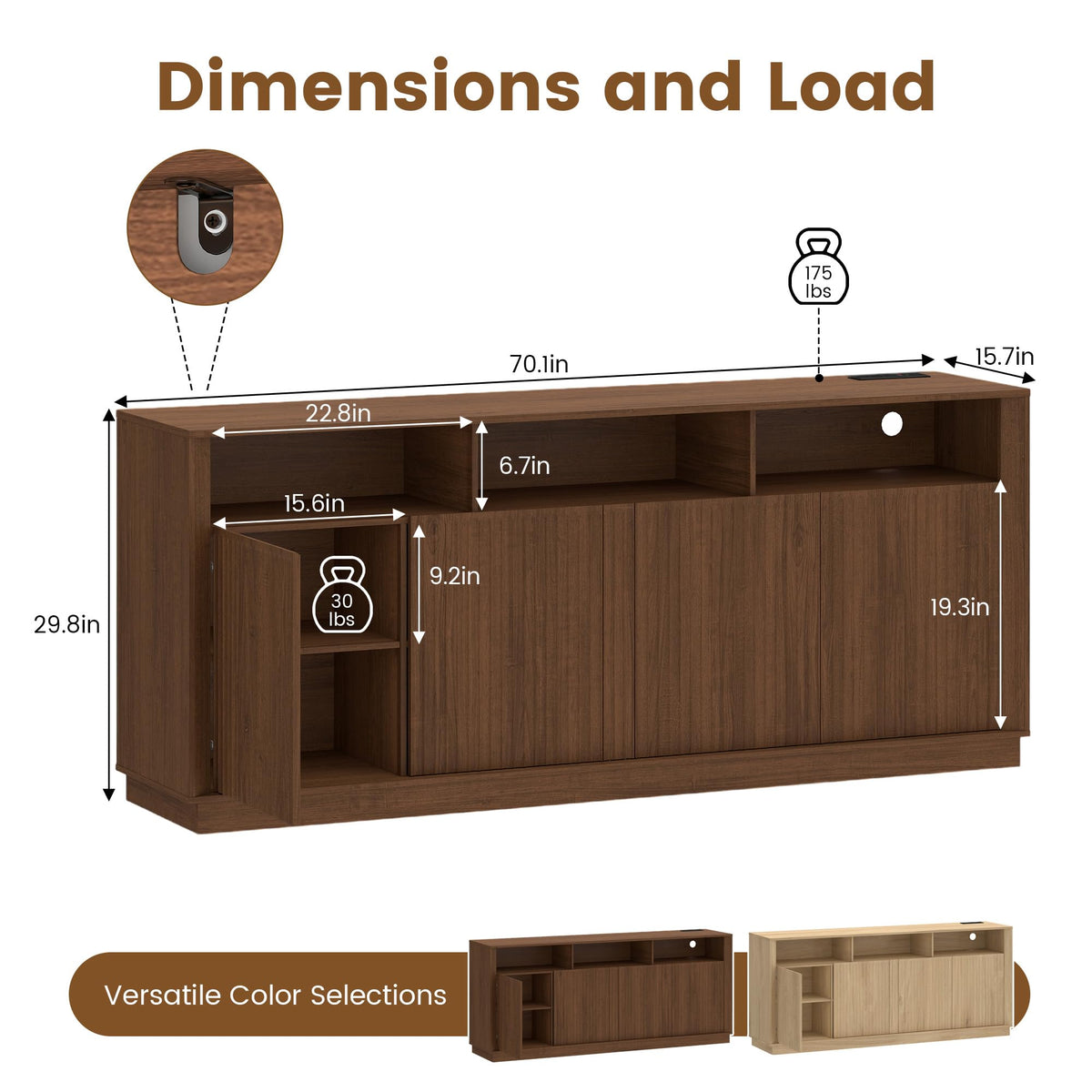 70" Fluted TV Stand for TVs up to 80" with LED Lights Power Outlet, Walnut