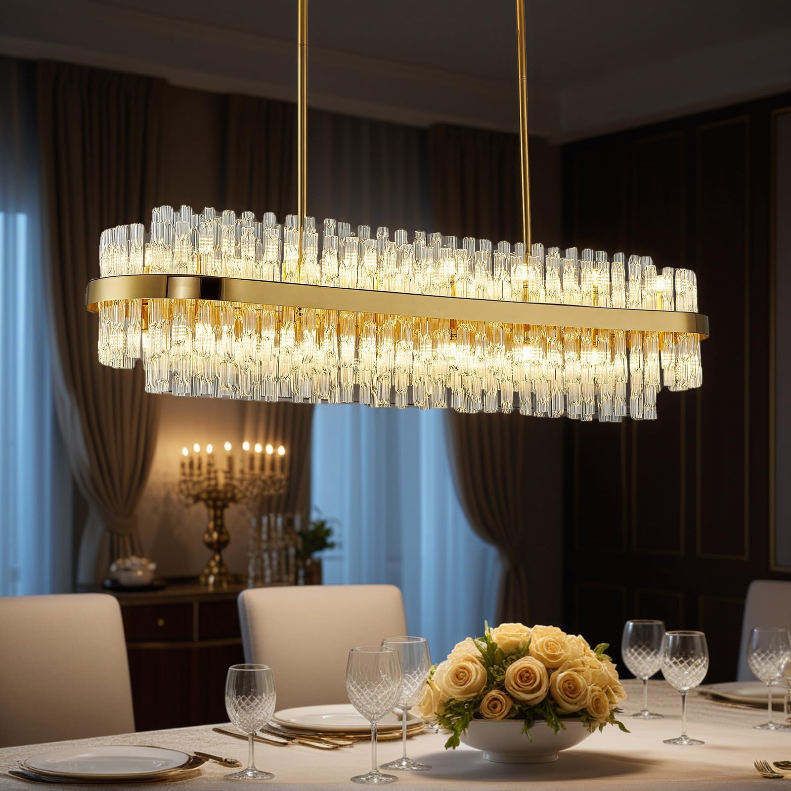 WECHAET 28-Light Modern Gold Rectangle Chandeliers for Dining Room Kitchen Island Light Fixture, 2 Tiers Wave Crystal Glass Chandelier for Living Room, L45.7''