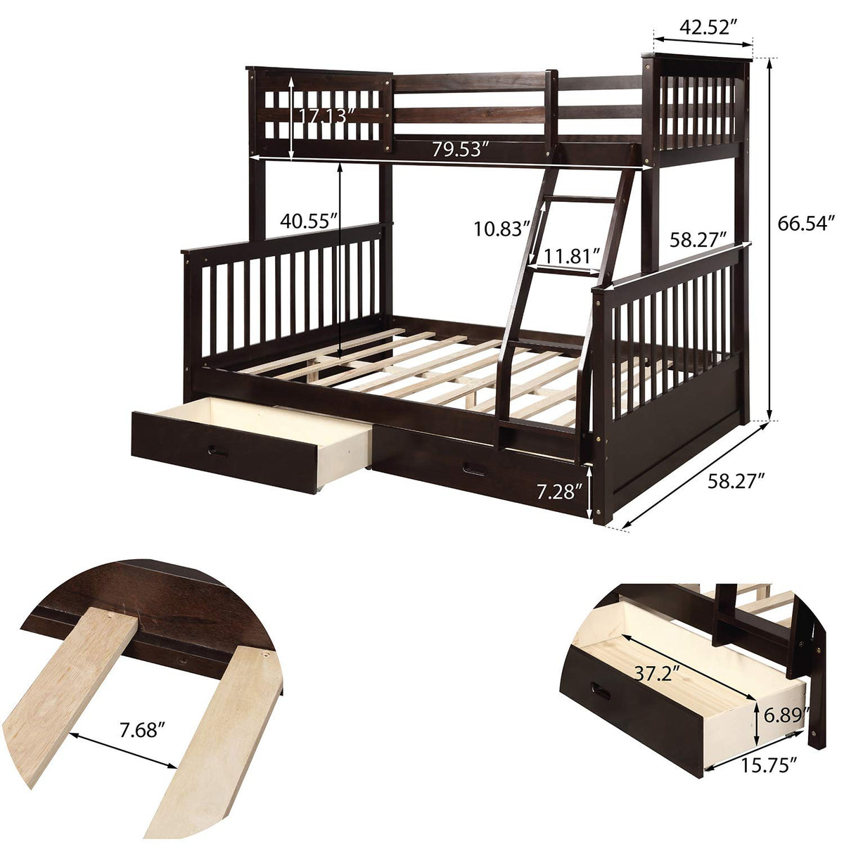 Harper & Bright Designs Twin Over Full Bunk Bed with Drawers and Ladder, Espresso