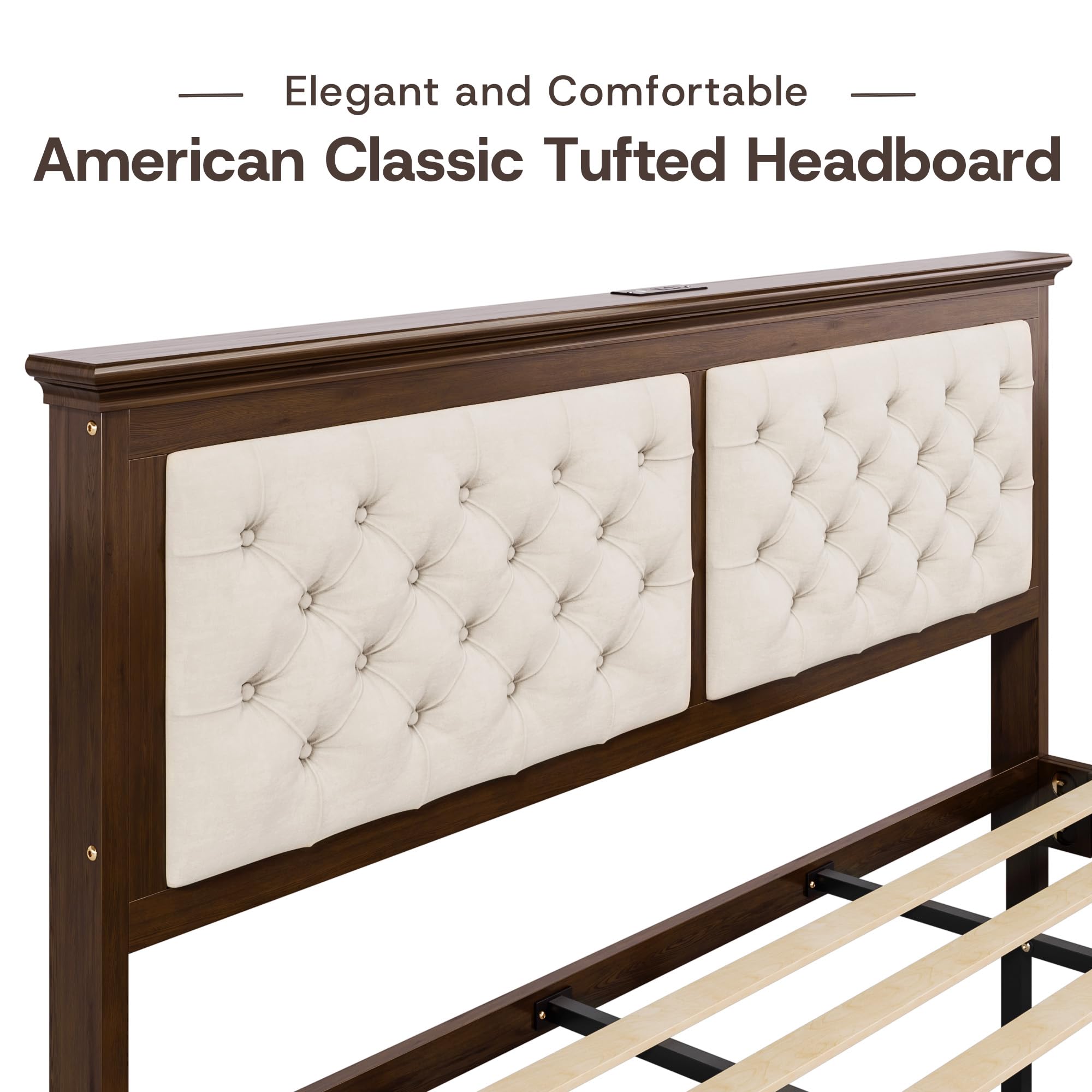 Lifezone Solid Wood King Size Bed Frame 46” Tall Diamond-Tufted Upholstered Headboard, American Classic Flat-Top Bed, Stable Structure, Wood Slats Support, Noise-Free, No Box Spring Needed, Walnut