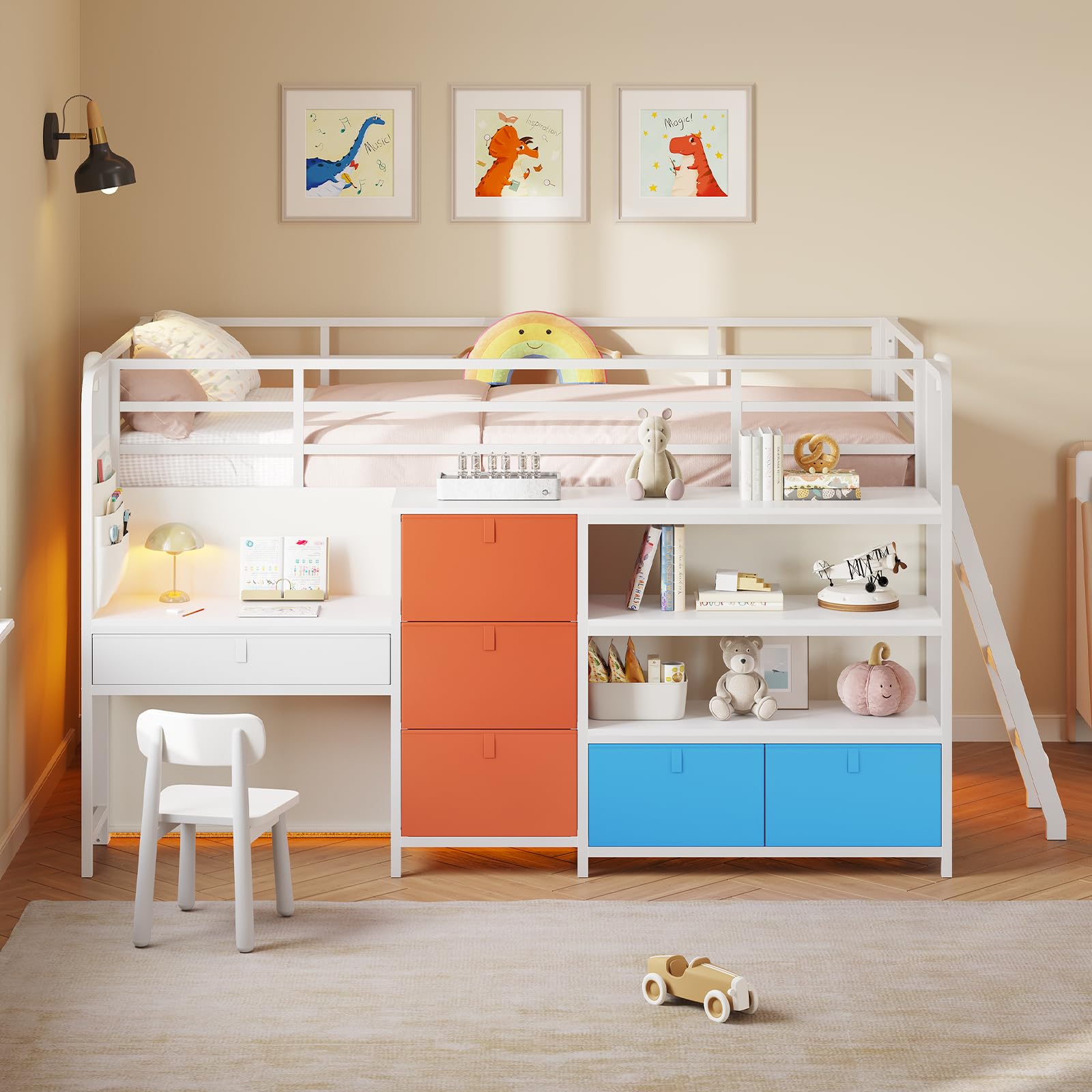 Kids Twin Low Loft Bed with Desk & Storage