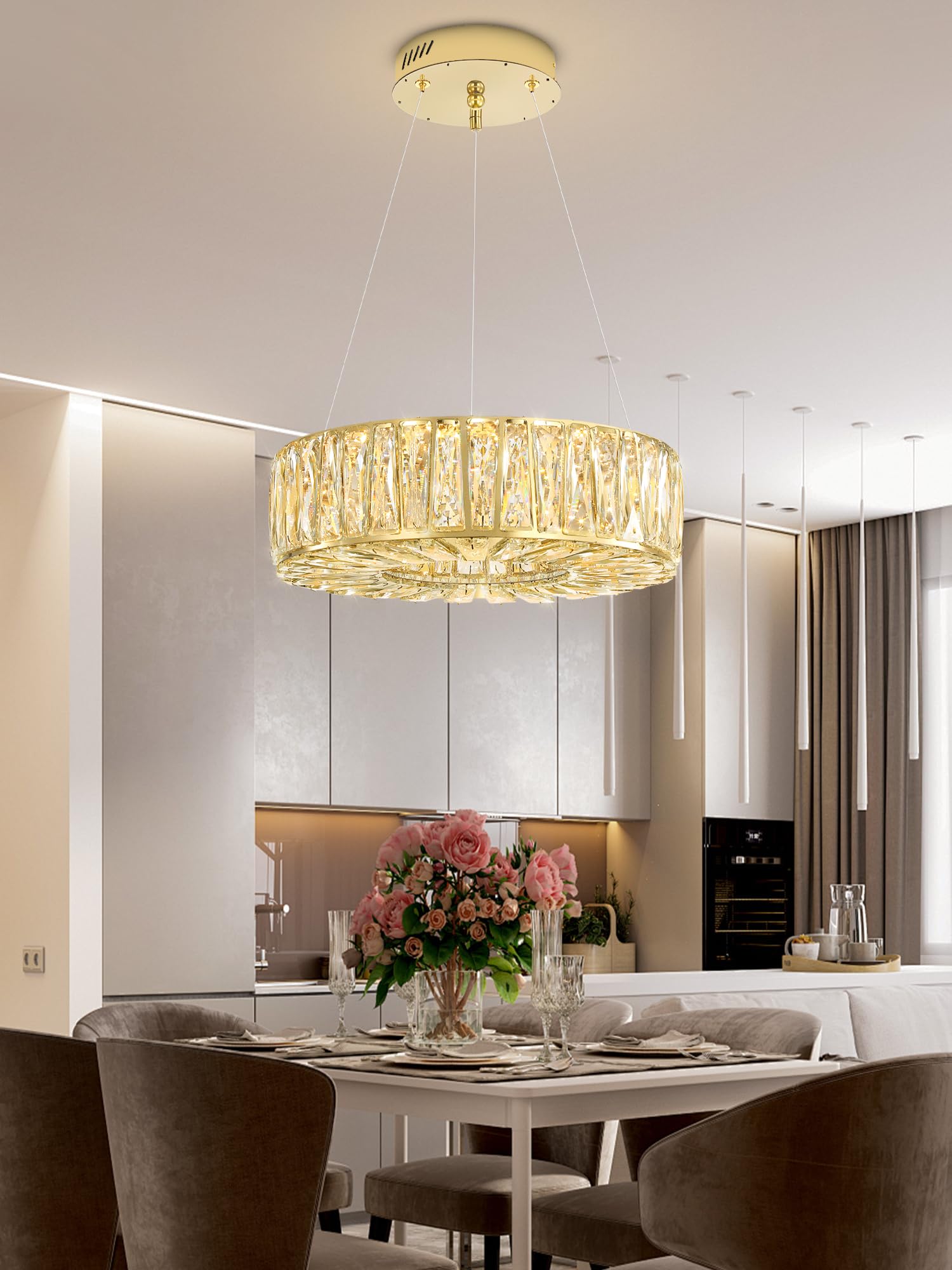 WOSOHYUN 16in Gold Ring Crystal Chandeliers for Dining Room Modern LED Dimmable Ring Pendant Light Chandelier for Living Room Bedroom